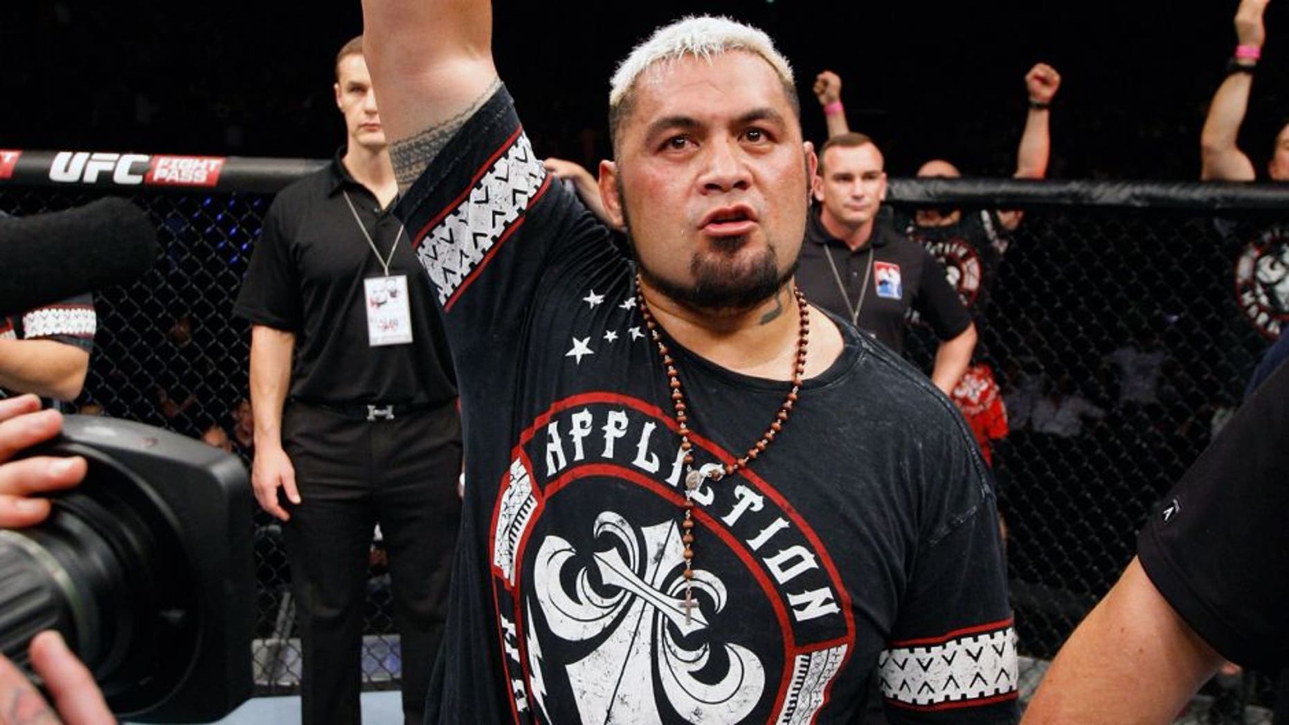 SAITAMA, JAPAN - SEPTEMBER 20: Mark Hunt celebrates after his win over Roy Nelson in their heavyweight bout during the UFC Fight Night event inside the Saitama Arena on September 20, 2014 in Saitama, Japan. (Photo by Mitch Viquez/Zuffa LLC/Zuffa LLC via Getty Images)