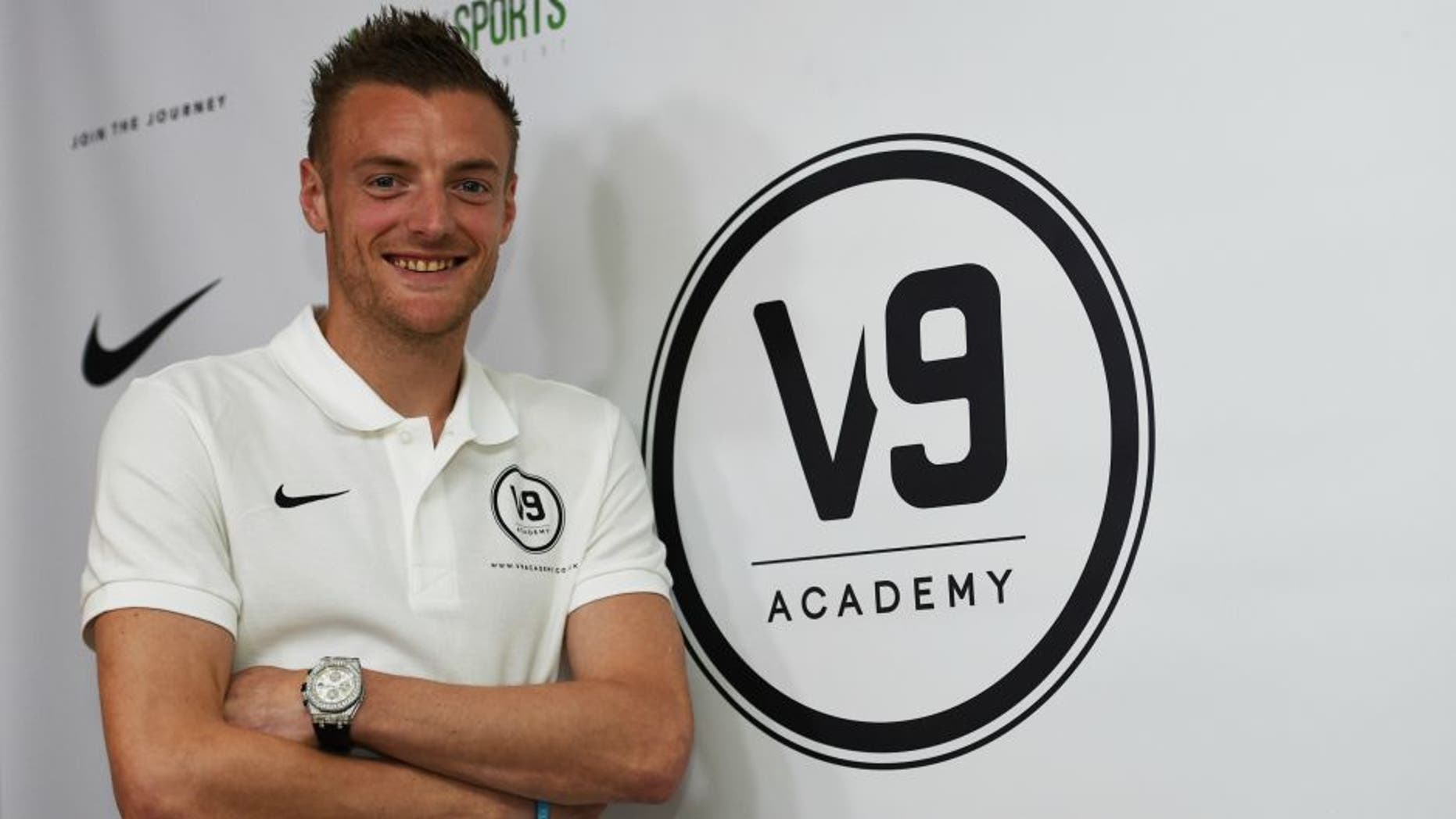 Leicester City and England striker Jamie Vardy attends the Jamie Vardy V9 Academy Launch at The King Power Stadium on May 9, 2016 in Leicester, England.