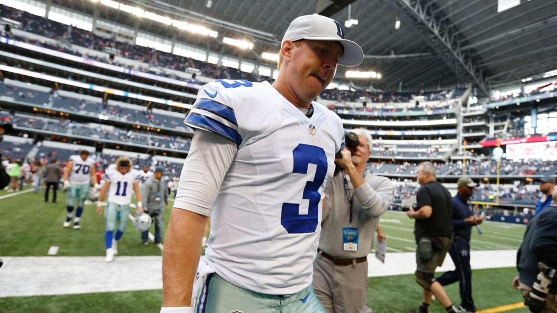 Nov 2, 2014; Arlington, TX, USA; Dallas Cowboys quarterback Brandon Weeden (3) walks off the field against the Arizona Cardinals at AT&T Stadium. The Cardinals beat the Cowboys 28-17. Mandatory Credit: Matthew Emmons-USA TODAY Sports