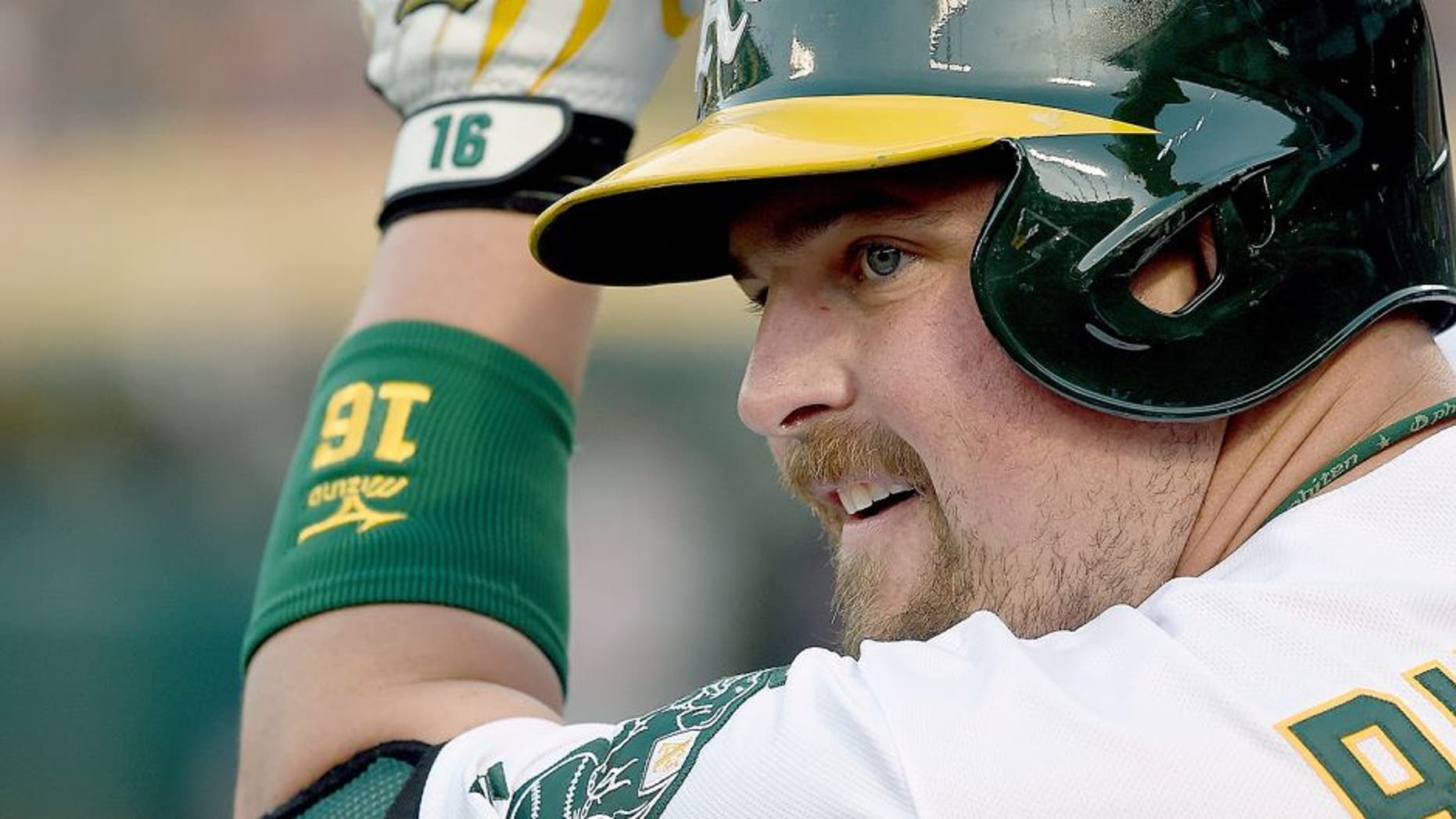 OAKLAND, CA - MAY 11: Billy Butler #16 of the Oakland Athletics looks on from the on-deck circle against the Boston Red Sox in the bottom of the first inning at O.co Coliseum on May 11, 2015 in Oakland, California. (Photo by Thearon W. Henderson/Getty Images)
