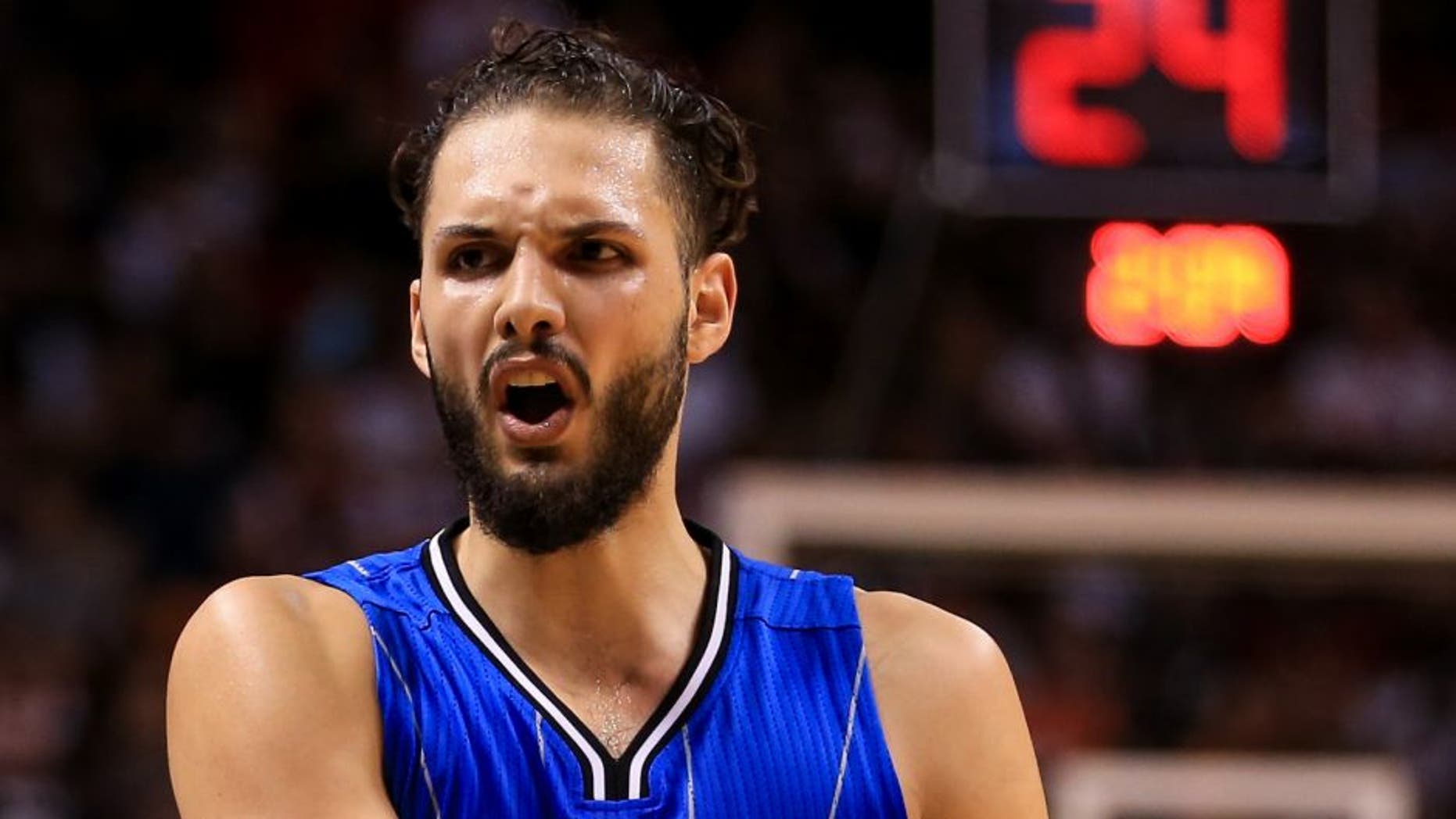 MIAMI, FLORIDA - APRIL 10: Evan Fournier #10 of the Orlando Magic reacts during the game against the Miami Heat at the American Airlines Arena on April 10, 2016 in Miami, Florida. The Heat defeated the Magic 118-96. NOTE TO USER: User expressly acknowledges and agrees that, by downloading and or using this photograph, User is consenting to the terms and conditions of the Getty Images License Agreement. (Photo by Rob Foldy/Getty Images)