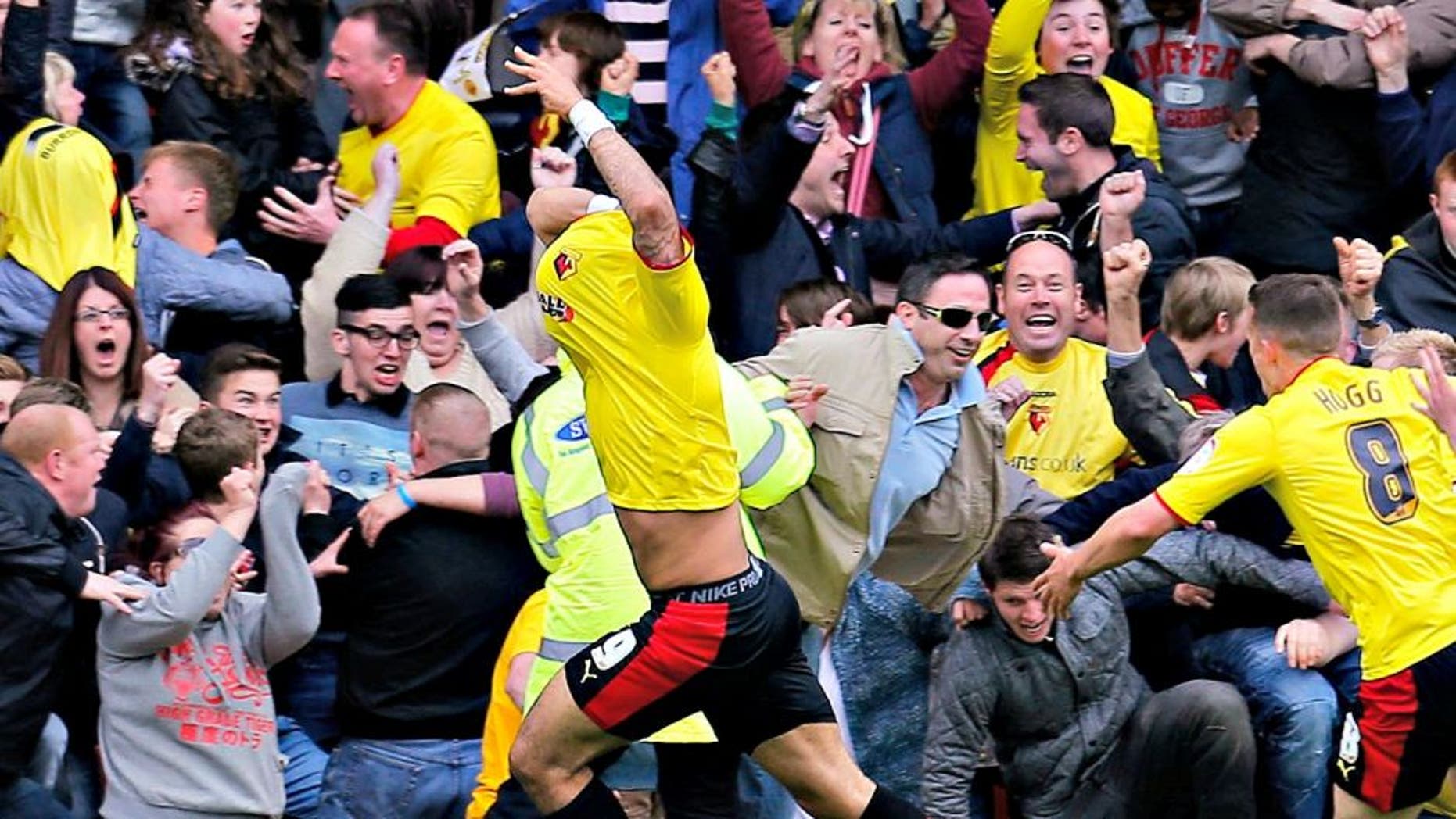Football - Watford v Leicester City - npower Football League Championship Play-Off Semi Final Second Leg - Vicarage Road - 12/5/13 Watford's Troy Deeney (L) celebrates scoring their third goal Mandatory Credit: Action Images / Andrew Couldridge Livepic EDITORIAL USE ONLY. No use with unauthorized audio, video, data, fixture lists, club/league logos or "live" services. Online in-match use limited to 45 images, no video emulation. No use in betting, games or single club/league/player publications. Please contact your account representative for further details.
