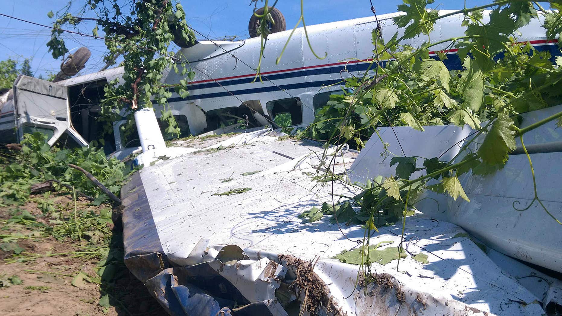 May 12, 2016: A single-engine Cessna Caravan from the Lodi Parachute Center sits flipped over after an emergency landing in a vineyard near a home in rural San Joaquin County near Lodi, Calif.