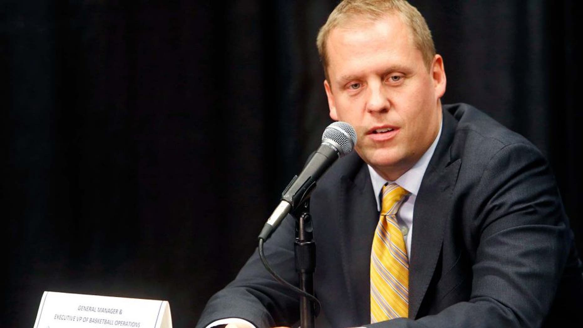 Sep 30, 2013; Denver, CO, USA; Denver Nuggets general manager and executive VP of basketball operations Tim Connelly speaks during a press conference during media day at the Pepsi Center. Mandatory Credit: Chris Humphreys-USA TODAY Sports