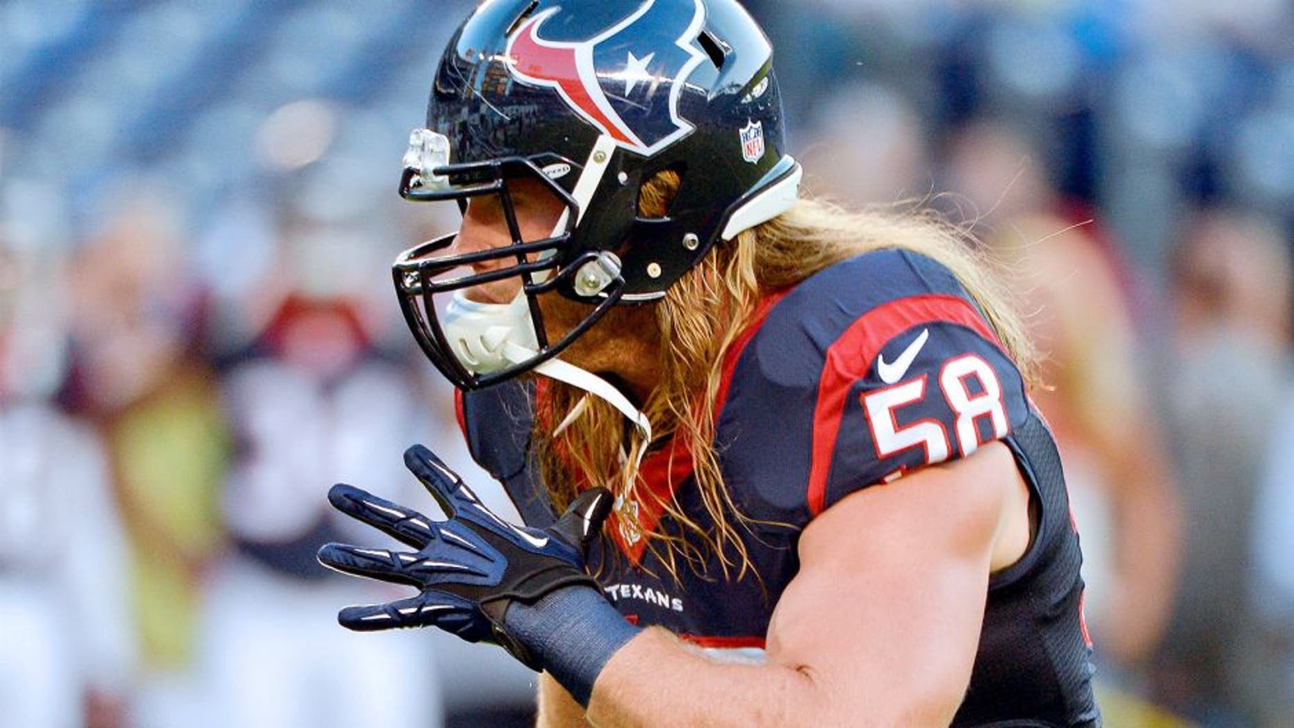 Sep 9, 2013; San Diego, CA, USA; Houston Texans outside linebacker Brooks Reed (58) during pre-game warmups before the Texans' season opener against the San Diego Chargers at Qualcomm Stadium. Mandatory Credit: Robert Hanashiro-USA TODAY