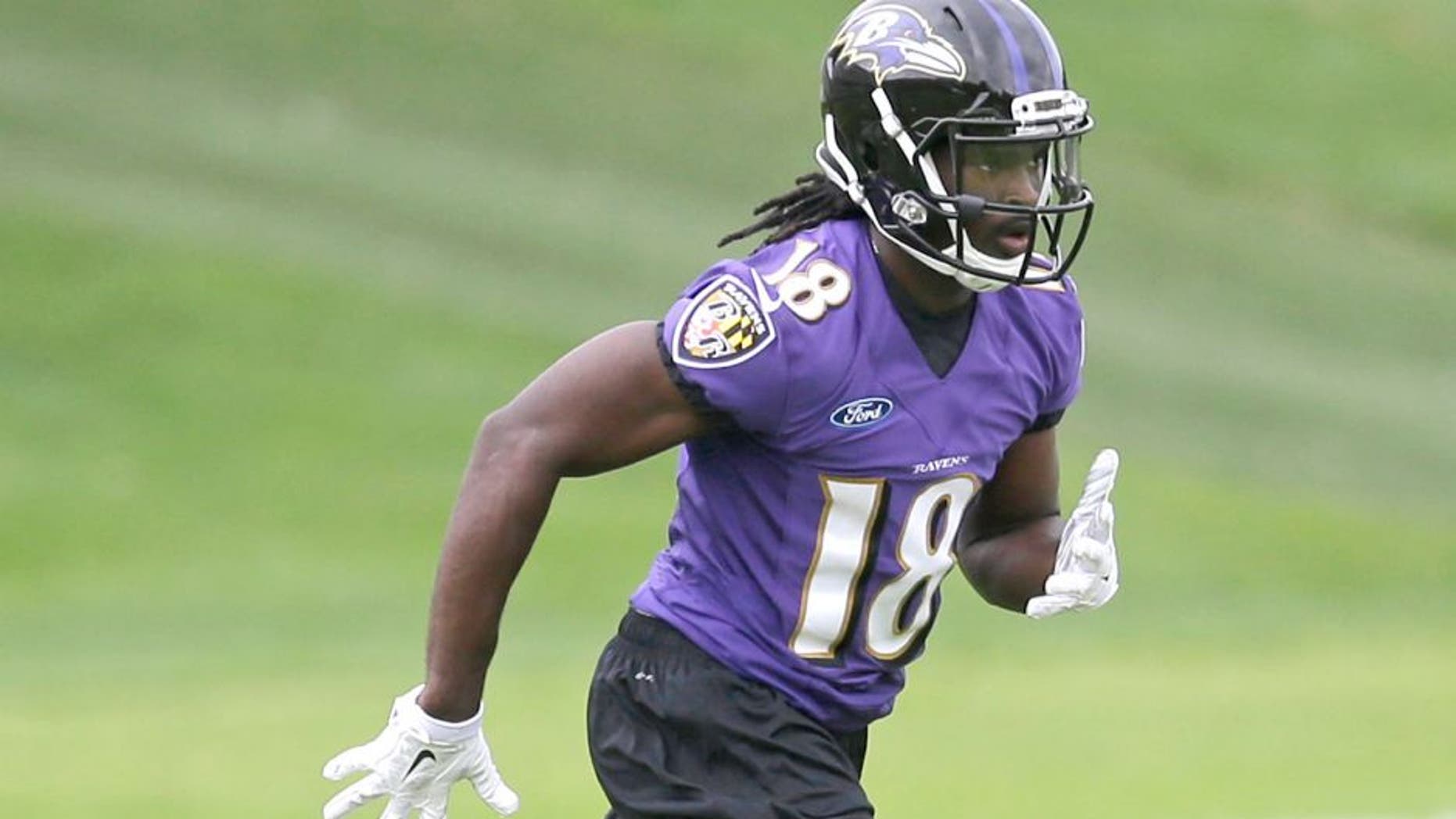Baltimore Ravens wide receiver Breshad Perriman runs a drill at an NFL football rookie camp, Saturday, May 9, 2015, in Owings Mills, Md. (AP Photo/Patrick Semansky)
