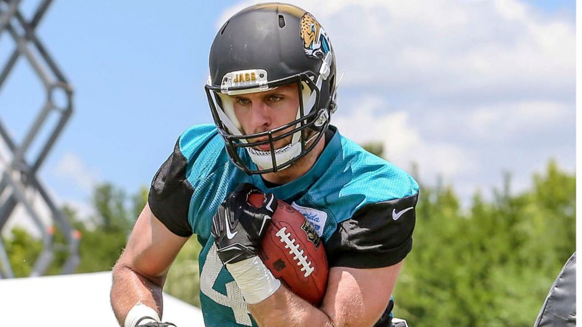 Jacksonville Jaguars tight end Ben Koyack (48) runs during drills at an NFL football rookie camp Saturday, May 9, 2015, in Jacksonville, Fla. (AP Photo/Gary McCullough)