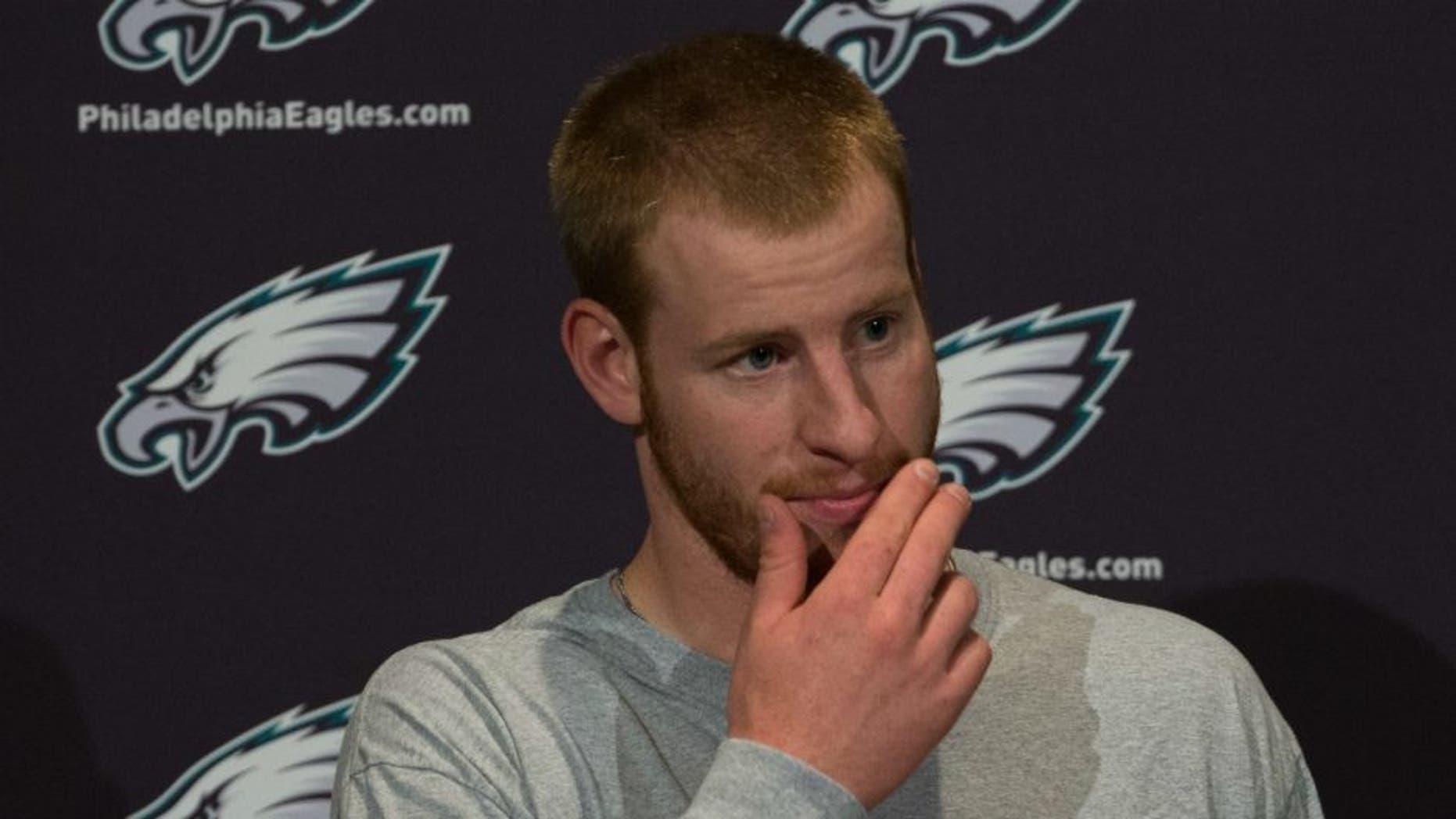 PHILADELPHIA, PA - MAY 13: Carson Wentz #11 of the Philadelphia Eagles talks to the media at the NovaCare Complex on May 13, 2016 in Philadelphia, Pennsylvania. (Photo by Mitchell Leff/Getty Images)