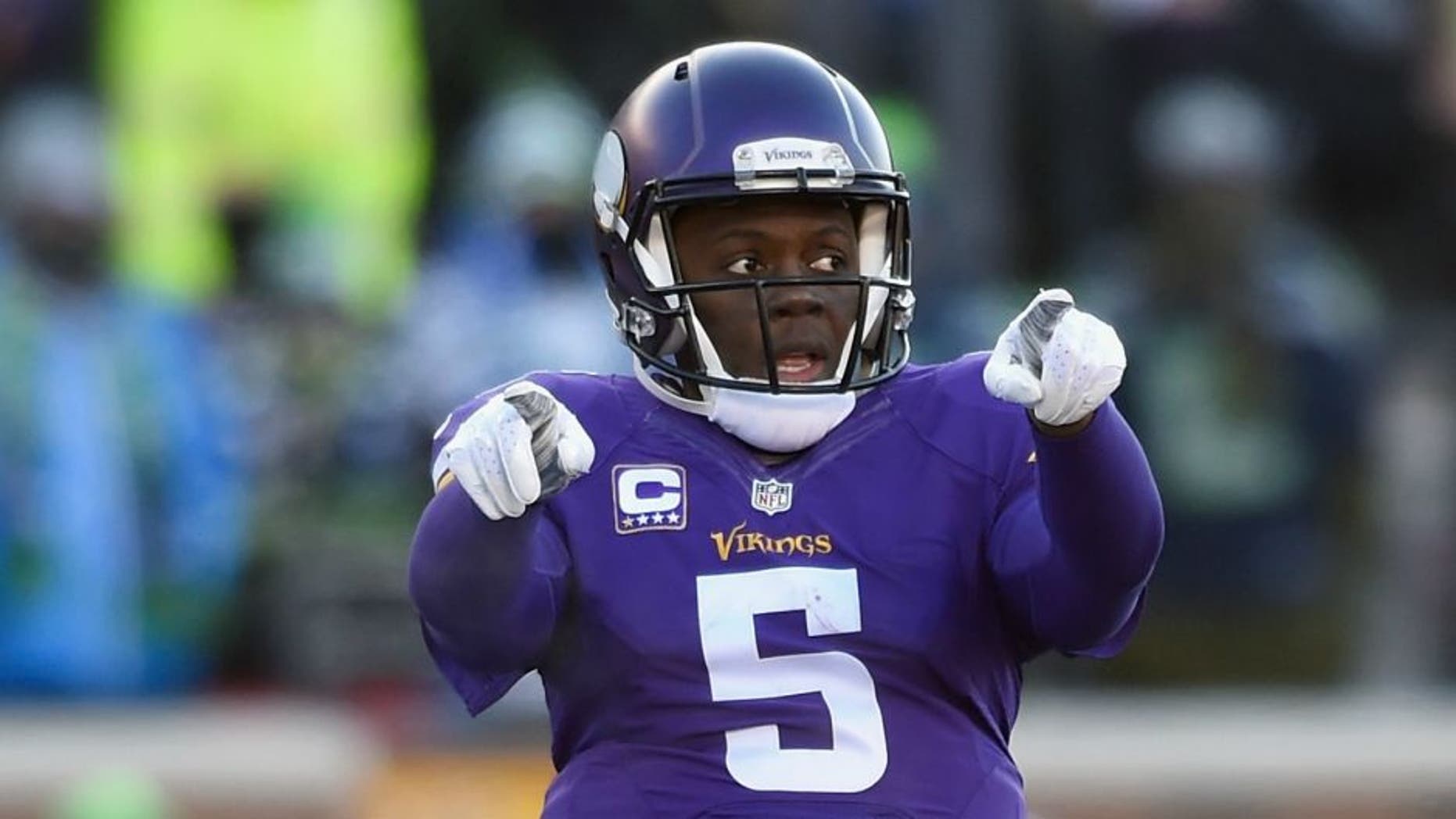 MINNEAPOLIS, MN - JANUARY 10: Teddy Bridgewater #5 of the Minnesota Vikings communicates at the line of scrimmage in the second half against the Seattle Seahawks during the NFC Wild Card Playoff game at TCFBank Stadium on January 10, 2016 in Minneapolis, Minnesota. (Photo by Hannah Foslien/Getty Images)