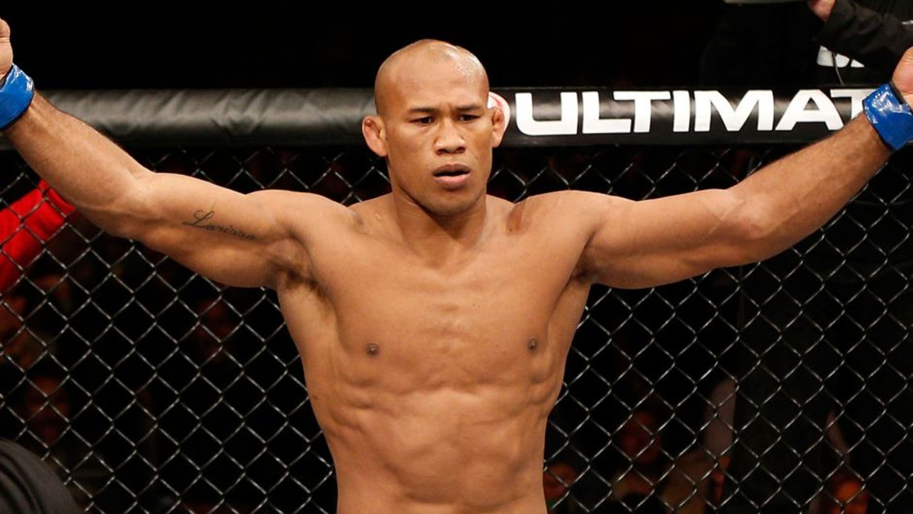 BELO HORIZONTE, BRAZIL - SEPTEMBER 04: Ronaldo "Jacare" Souza reacts after knocking out Yushin Okami in their middleweight fight during the UFC on FOX Sports 1 event at Mineirinho Arena on September 4, 2013 in Belo Horizonte, Brazil. (Photo by Josh Hedges/Zuffa LLC/Zuffa LLC via Getty Images)