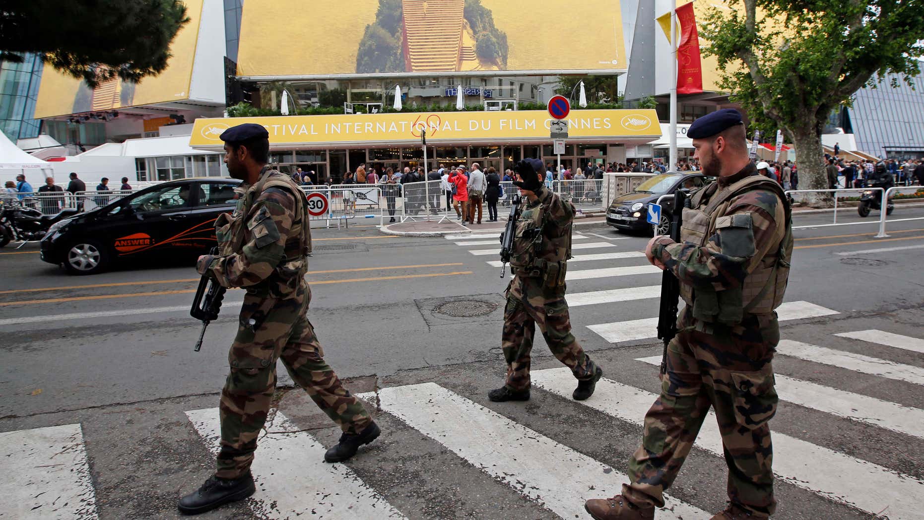 May 11, 2016: French soldiers patrol in front of the Festival Palace before the opening of the 69th Cannes Film Festival in Cannes, France.