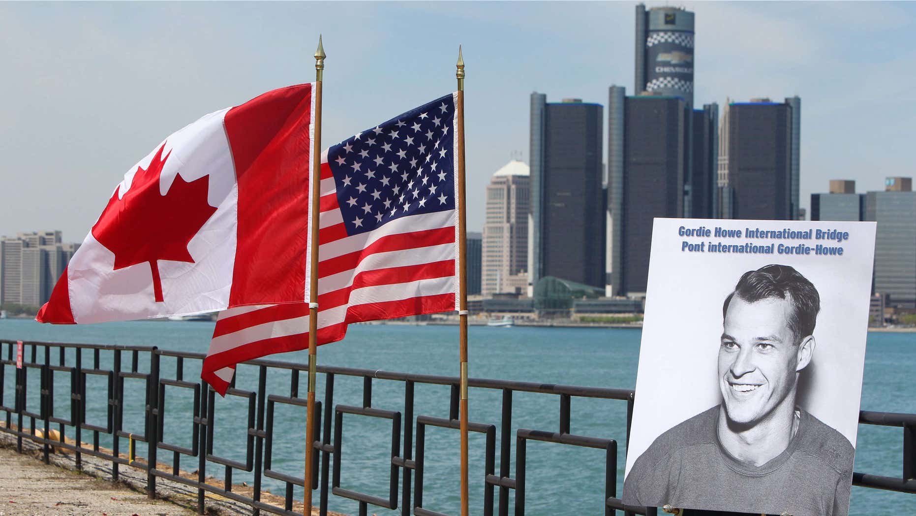 May 14, 2015: A photograph of Gordie Howe is displayed on the riverfront after a news conference.