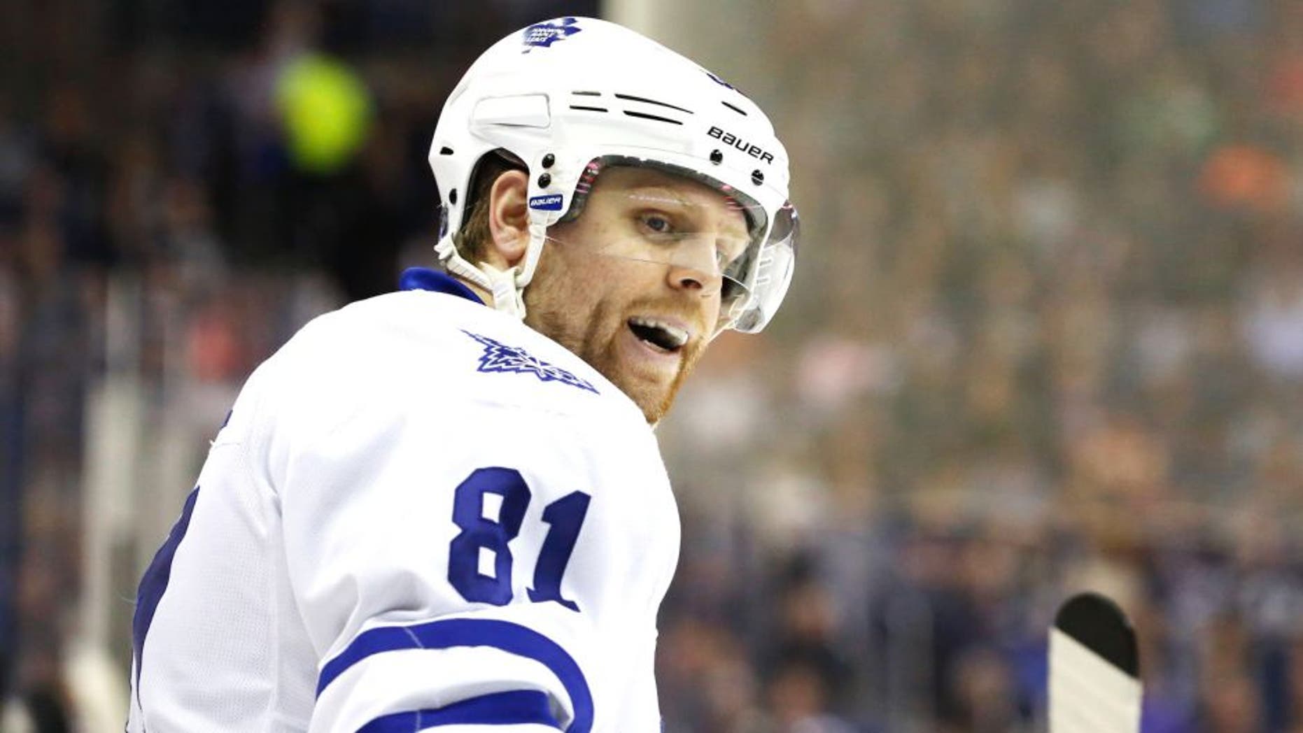 Apr 8, 2015; Columbus, OH, USA; Toronto Maple Leafs right wing Phil Kessel (81) against the Columbus Blue Jackets at Nationwide Arena. The Jackets won 5-0. Mandatory Credit: Aaron Doster-USA TODAY Sports