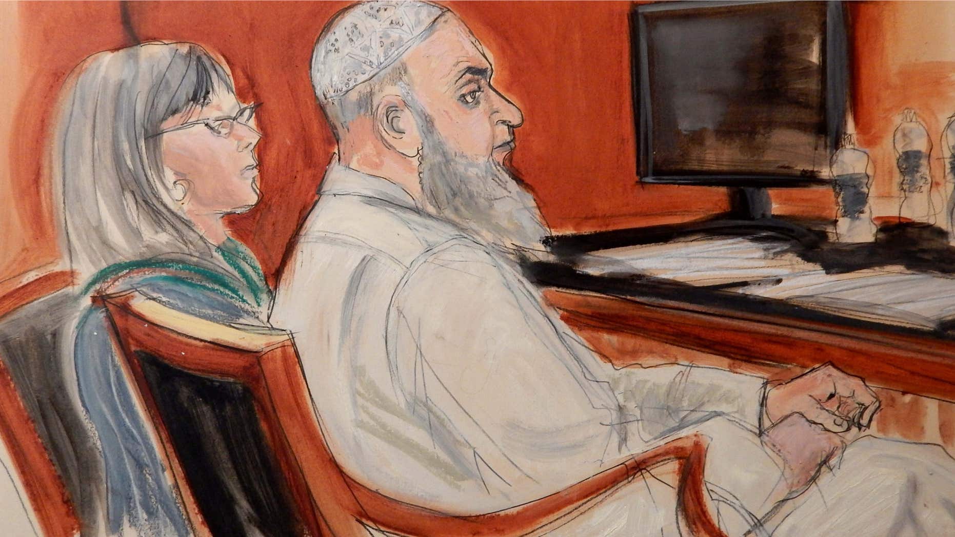 Jan. 20, 2015: In this file courtroom sketch, Khaled al-Fawwaz, right, a defendant in the 1998 bombings of the U.S. embassies in Kenya and Tanzania that killed 224 people