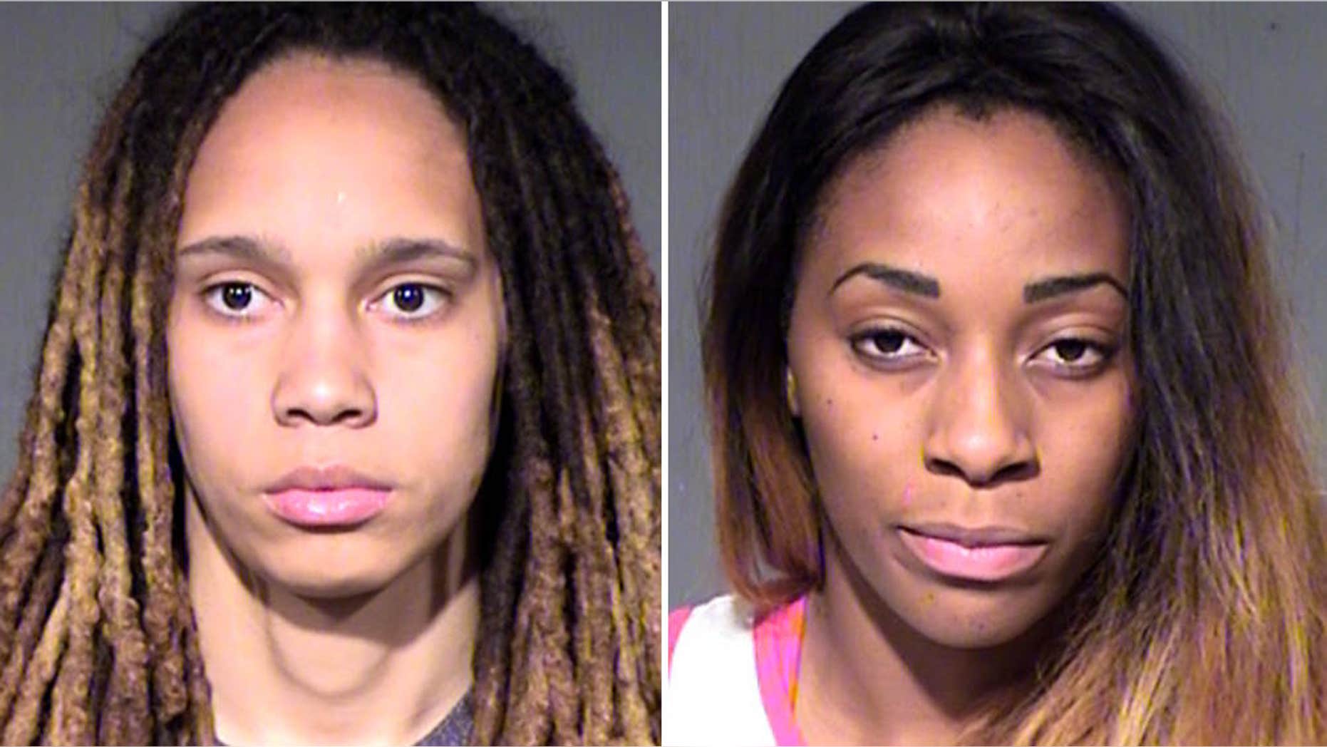 April 22, 2015: This combo of booking photos released by the Maricopa County Sheriff's Office, show WNBA players Brittney Griner, left, and Glory Johnson following their arrest.