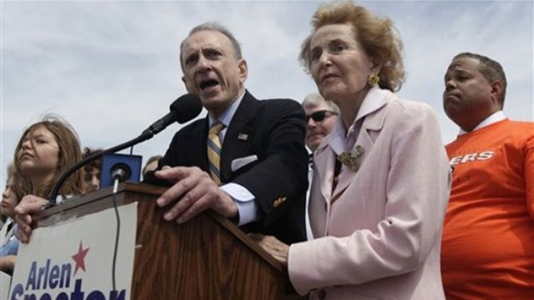 May 16: Sen. Arlen Specter, D-Pa. , with his wife Joan, at his side, campaigns at a rally titled Delivering for Pennsylvania: Upgrading the Port of Philadelphia at the Packer Avenue Marine Terminal in Philadelphia (AP).