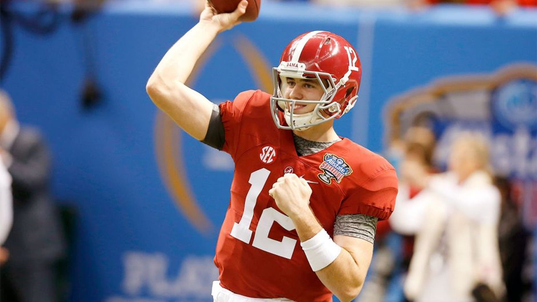 Jan 1, 2015; New Orleans, LA, USA; Alabama Crimson Tide quarterback David Cornwell (12) prior to the game against the Ohio State Buckeyes in the 2015 Sugar Bowl at Mercedes-Benz Superdome. Mandatory Credit: Matthew Emmons-USA TODAY Sports