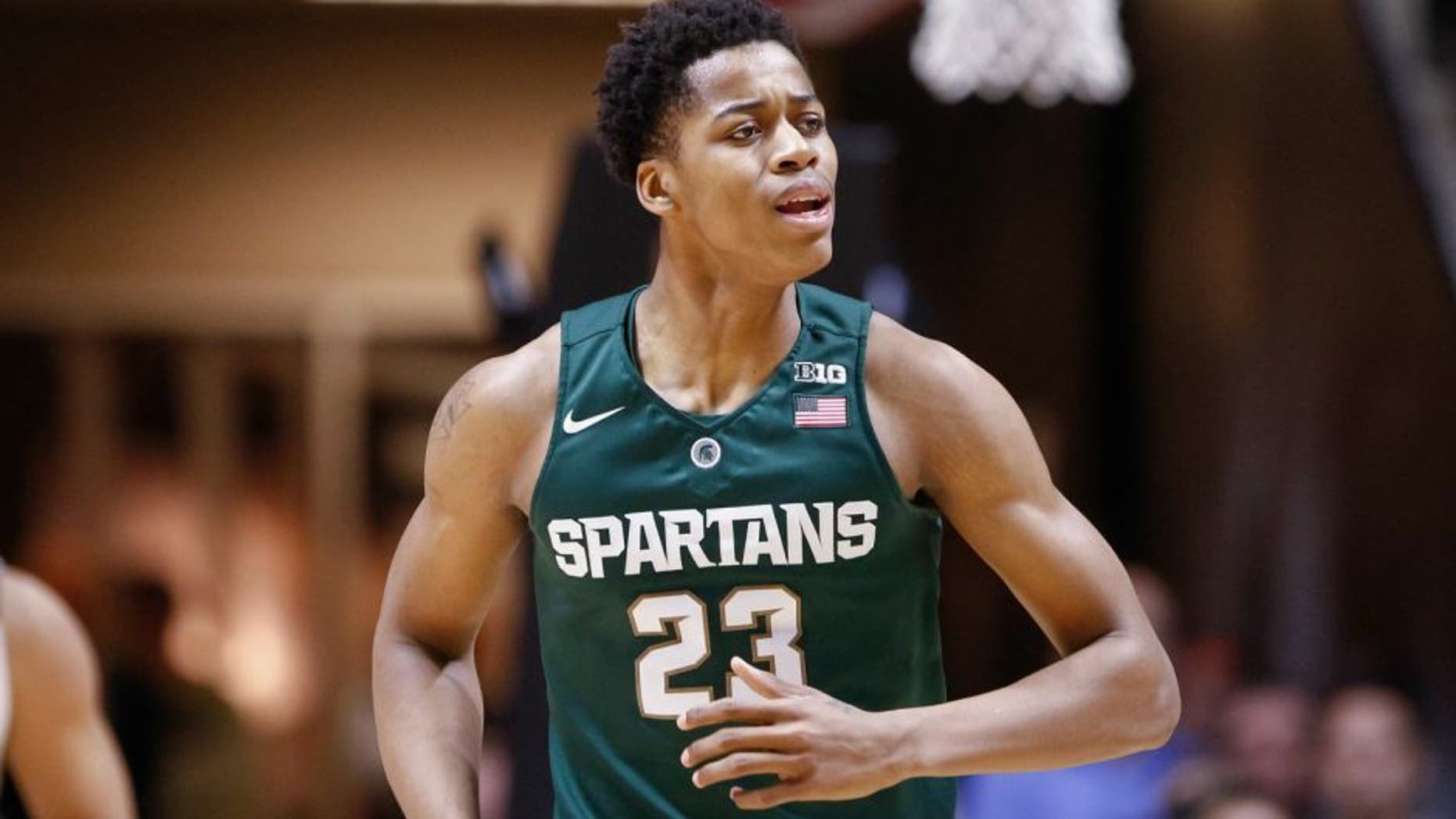 WEST LAFAYETTE, IN - FEBRUARY 09: Deyonta Davis #23 of the Michigan State Spartans jogs up the court during the game against the Purdue Boilermakers at Mackey Arena on February 9, 2016 in West Lafayette, Indiana. (Photo by Michael Hickey/Getty Images)