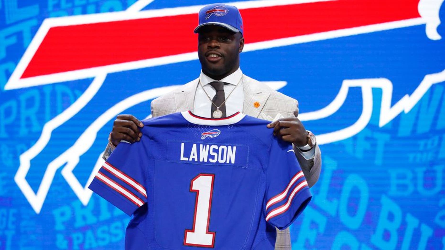 Apr 28, 2016; Chicago, IL, USA; Shaq Lawson (Clemson) after being selected by the Buffalo Bills as the number nineteen overall pick in the first round of the 2016 NFL Draft at Auditorium Theatre. Mandatory Credit: Kamil Krzaczynski-USA TODAY Sports