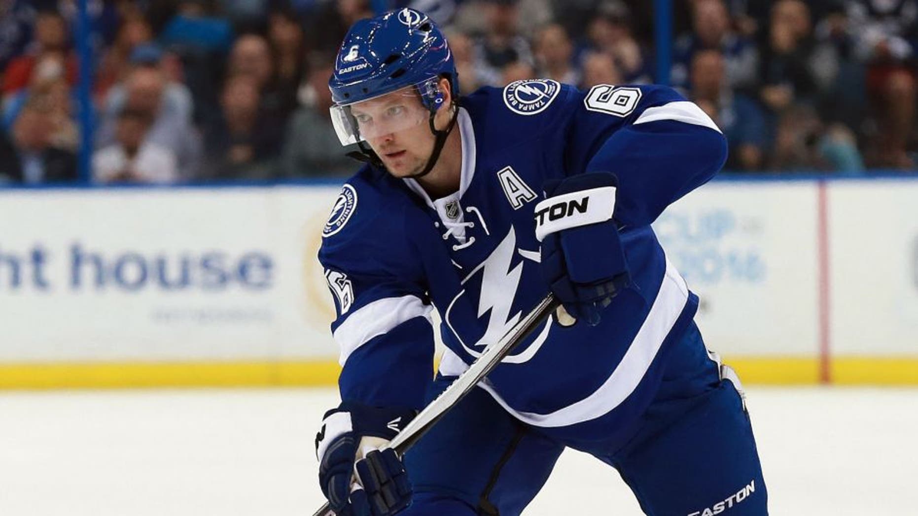 Mar 22, 2016; Tampa, FL, USA; Tampa Bay Lightning defenseman Anton Stralman (6) passes the puck against the Detroit Red Wings during the second period at Amalie Arena. Mandatory Credit: Kim Klement-USA TODAY Sports