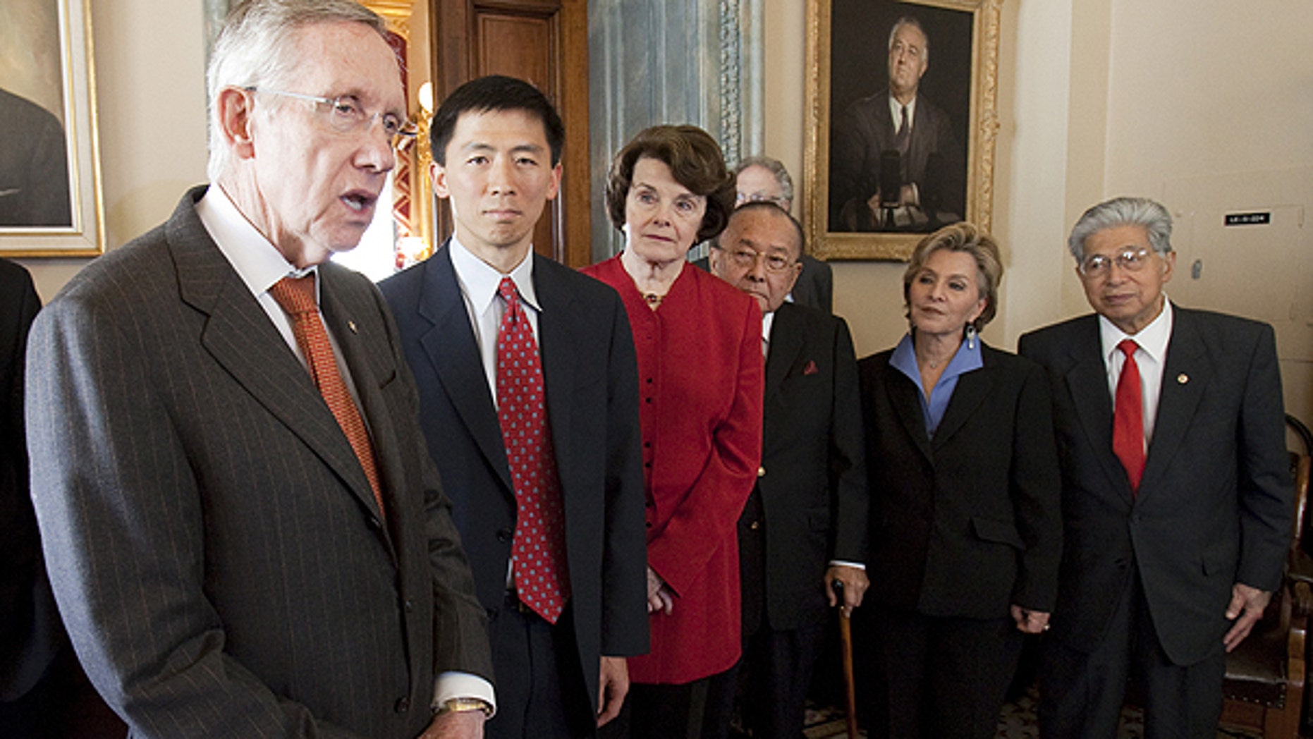 May 18: Senate Majority Leader Harry Reid, D-Nev., with judicial nominee Goodwin Liu, and Sens. Diane Feinstein, D-Calif., Daniel Inouye, D-Hi., Barbara Boxer, D-Calif., and Daniel Akaka, D-Hi. where Reid talked in Washington, about pending vote on Mr. Liu to the 9th Circuit Court of Appeals, tomorrow, on Capitol Hill in Washington.