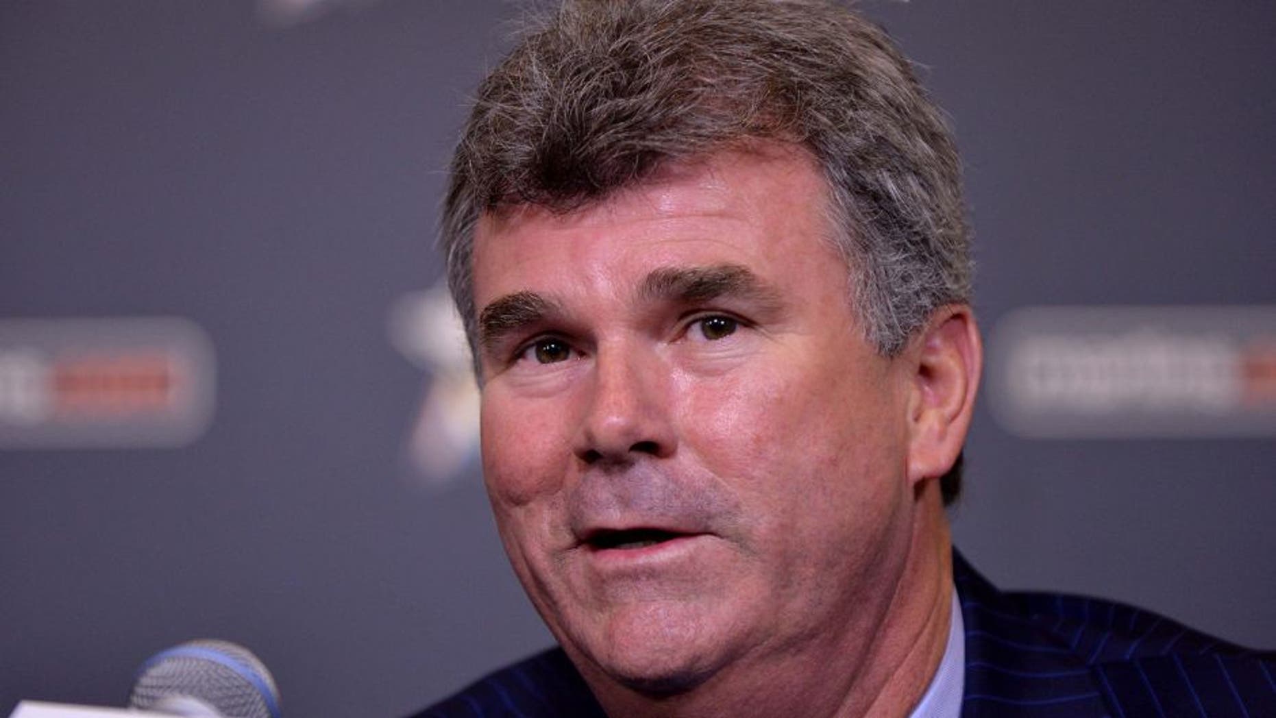 Nov 19, 2014; Miami, FL, USA; Miami Marlins vice president & general manager Dan Jennings listens during a press conference at Marlins Park. Mandatory Credit: Steve Mitchell-USA TODAY Sports