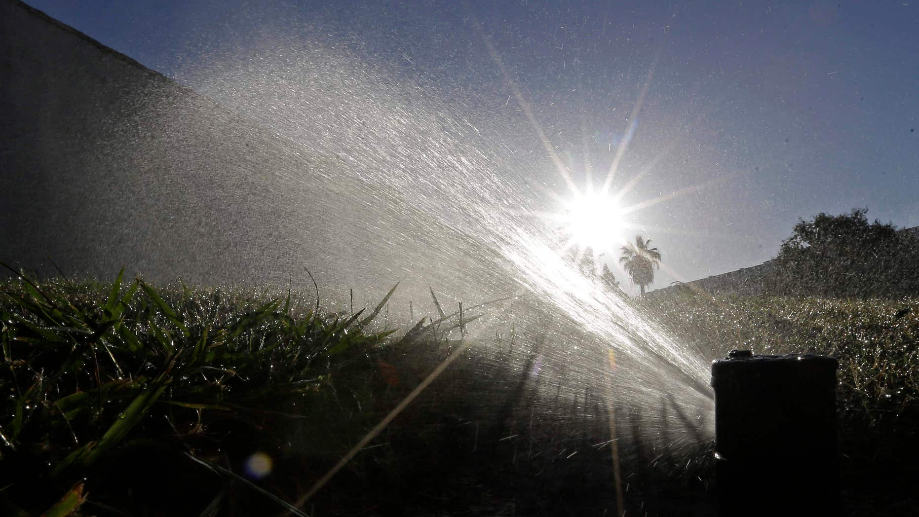 FILE - In this June 23, 2015, file photo, a lawn is irrigated in Sacramento, Calif.