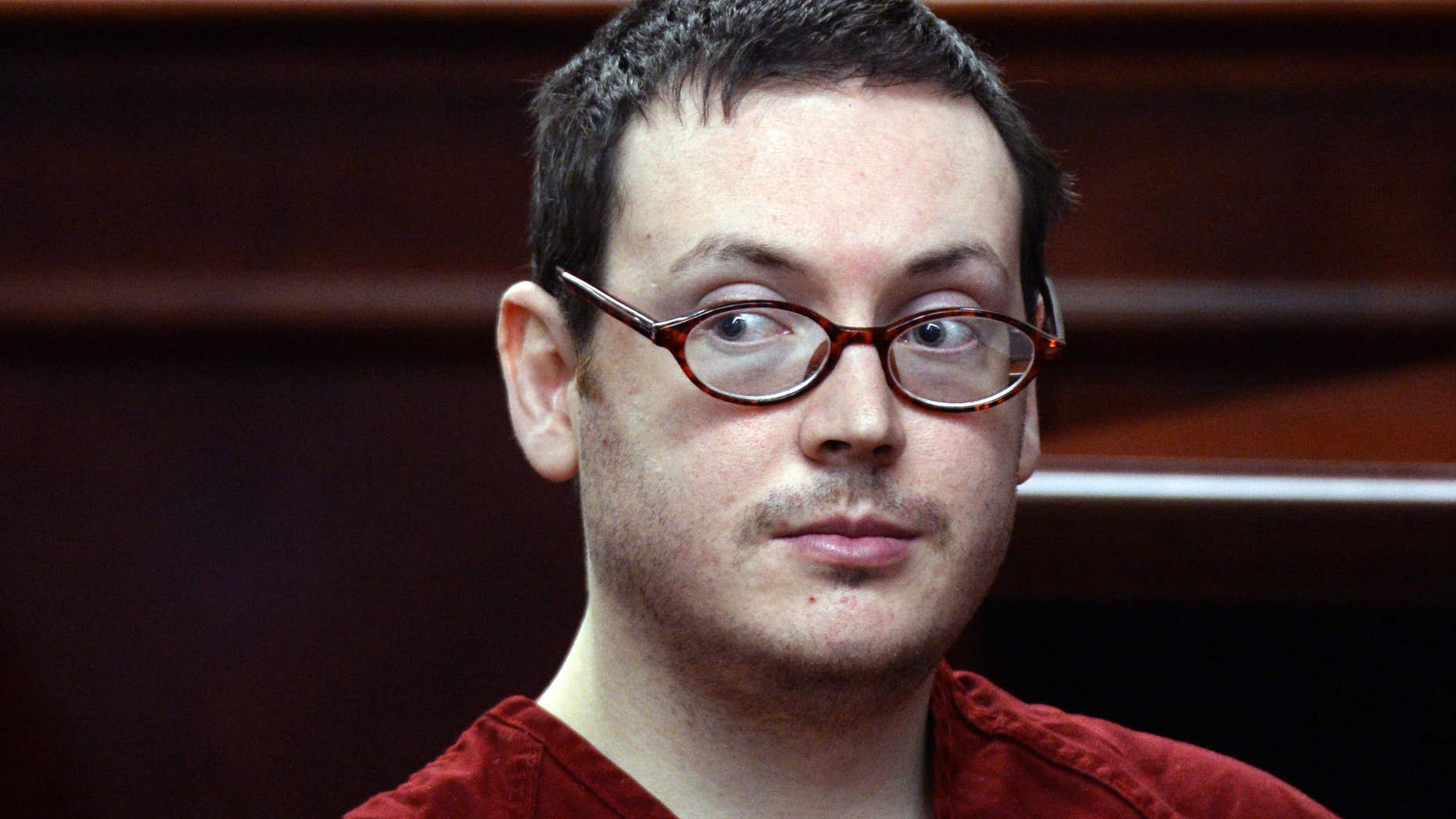 FILE - In this Aug. 24, 2015, file photo, James Holmes appears in court for the sentencing phase in his trial at Arapahoe County District Court in Centennial, Colo.