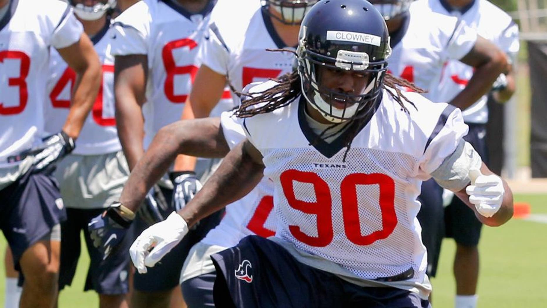 HOUSTON, TX - MAY 16: Jadeveon Clowney #90 of the Houston Texans during opening day of rookie minicamp on May 16, 2014 in Houston, Texas. (Photo by Bob Levey/Getty Images)
