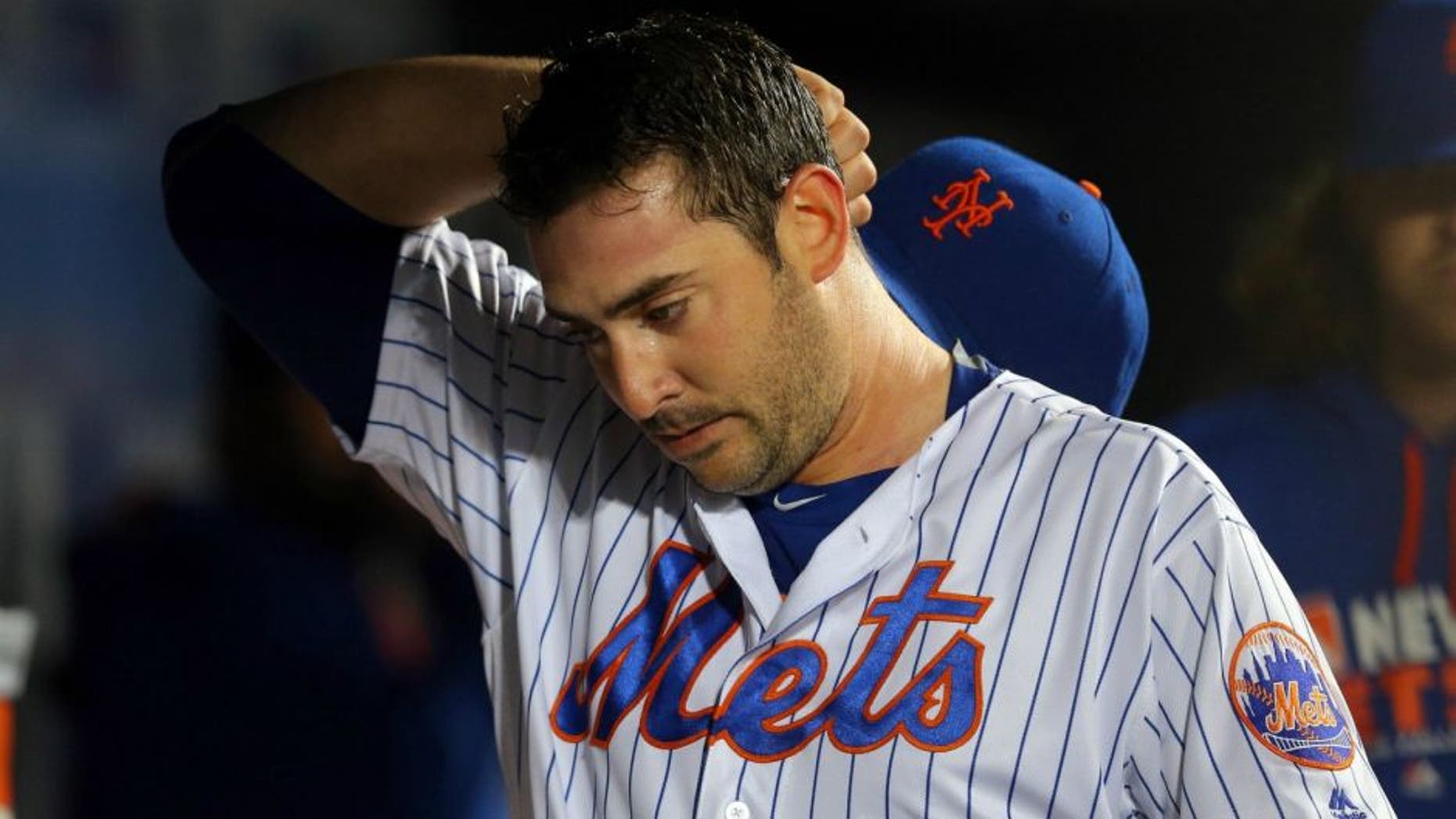 May 3, 2016; New York City, NY, USA; New York Mets starting pitcher Matt Harvey (33) reacts in the dugout after being removed from the game against the Atlanta Braves during the sixth inning at Citi Field. Mandatory Credit: Brad Penner-USA TODAY Sports