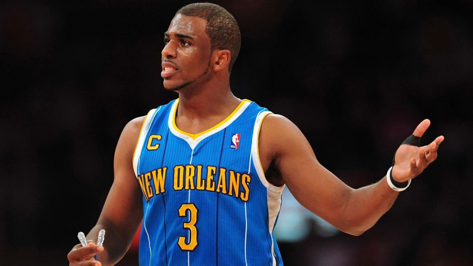 April 26, 2011; Los Angeles, CA, USA; New Orleans Hornets point guard Chris Paul (3) reacts to a call in the first half of game five of the 2011 NBA playoffs at the Staples Center. Mandatory Credit: Gary A. Vasquez-USA TODAY Sports