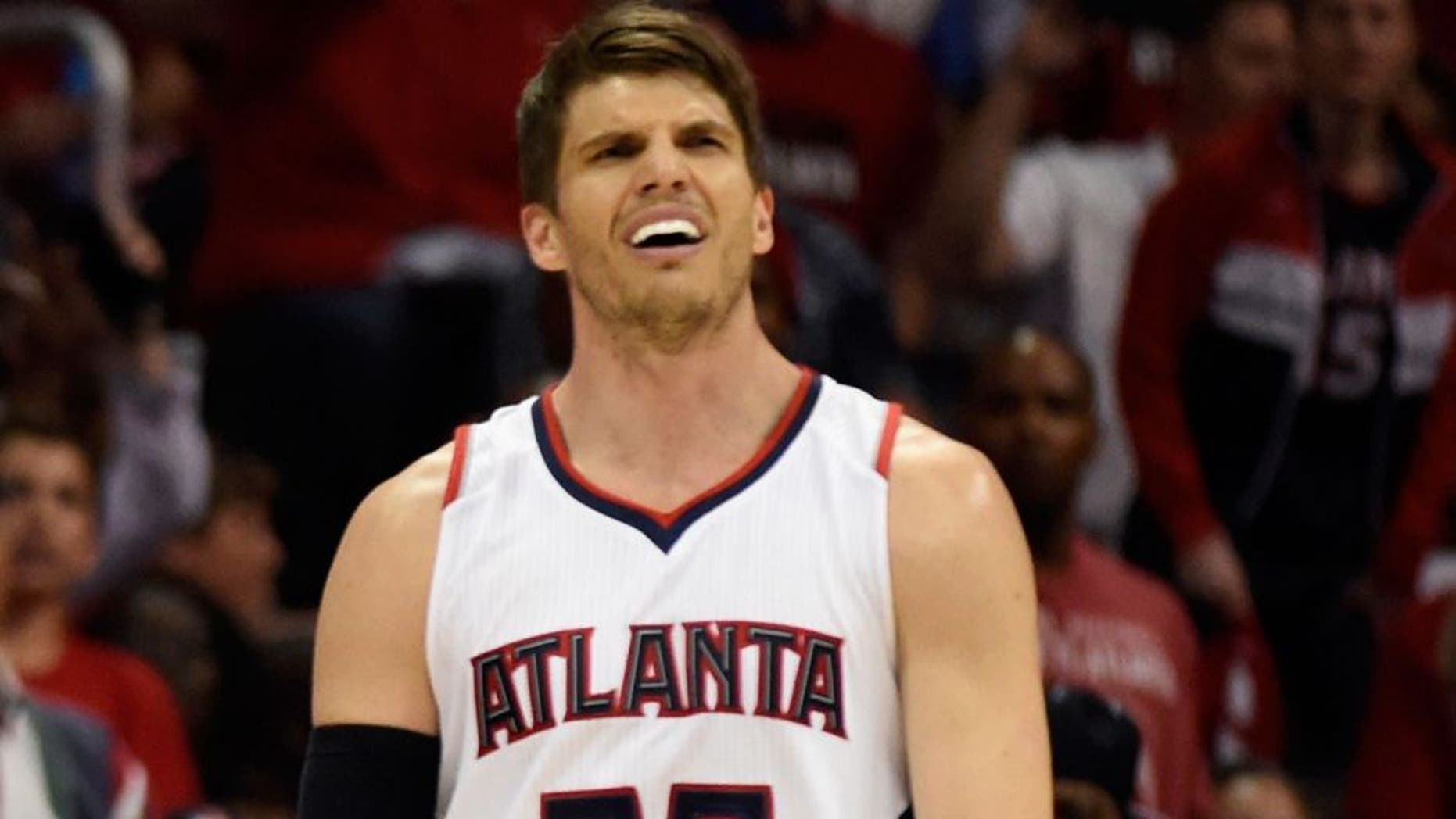 Guard Kyle Korver (26) react to a call during the first quarter of game one of the Eastern Conference Finals of the NBA Playoffs against the Cleveland Cavaliers at Philips Arena.