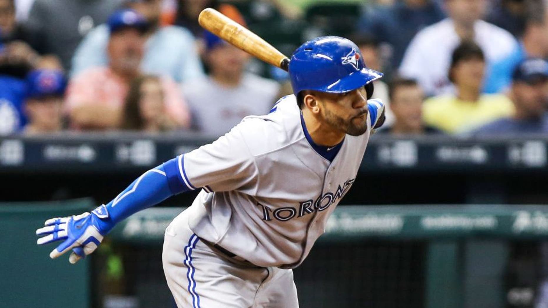 May 15, 2015; Houston, TX, USA; Toronto Blue Jays second baseman Devon Travis (29) gets a single during the seventh inning against the Houston Astros at Minute Maid Park. Mandatory Credit: Troy Taormina-USA TODAY Sports