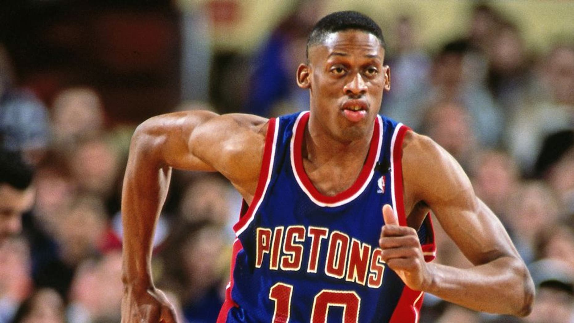 NEW YORK - CIRCA 1991: Dennis Rodman #10 of the Detroit Pistons runs against the New York Knicks circa 1991 at Madison Square Garden in New York. NOTE TO USER: User expressly acknowledges and agrees that, by downloading and or using this photograph, User is consenting to the terms and conditions of the Getty Images License Agreement. Mandatory Copyright Notice: Copyright 1991 NBAE (Photo by Nathaniel S. Butler/NBAE via Getty Images)