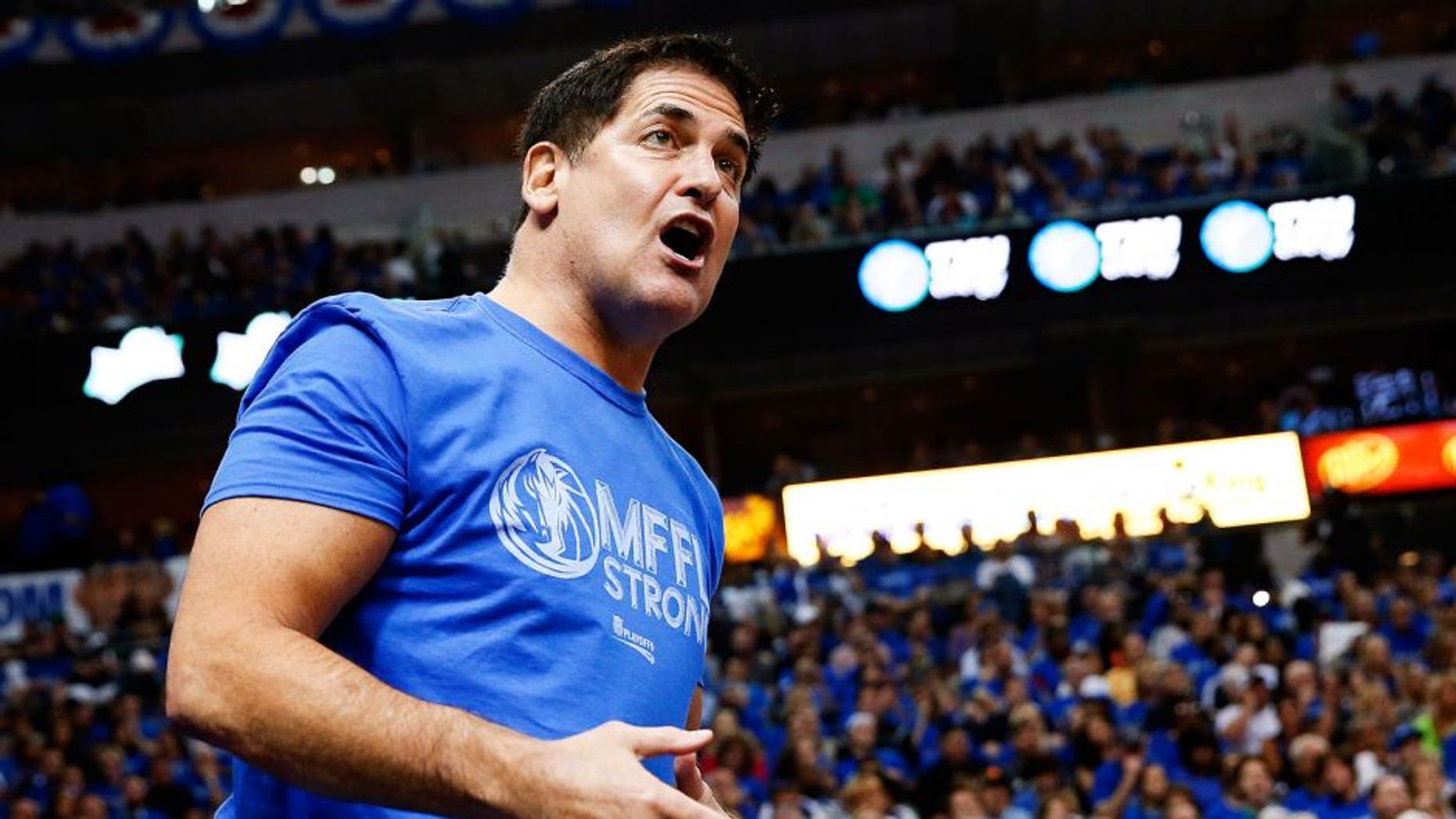 Apr 26, 2014; Dallas, TX, USA; Dallas Mavericks owner Mark Cuban reacts during the game against the San Antonio Spurs in game three of the first round of the 2014 NBA Playoffs at American Airlines Center. Dallas won 109-108. Mandatory Credit: Kevin Jairaj-USA TODAY Sports