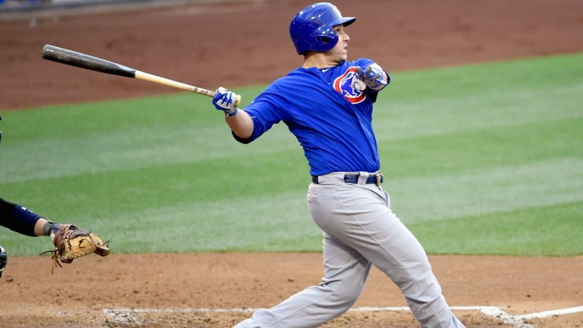 SAN DIEGO, CA - MAY 21: Miguel Montero #47 of the Chicago Cubs hits a double during the third inning of a baseball game against the San Diego Padres at Petco Park May 21, 2015 in San Diego, California. (Photo by Denis Poroy/Getty Images)