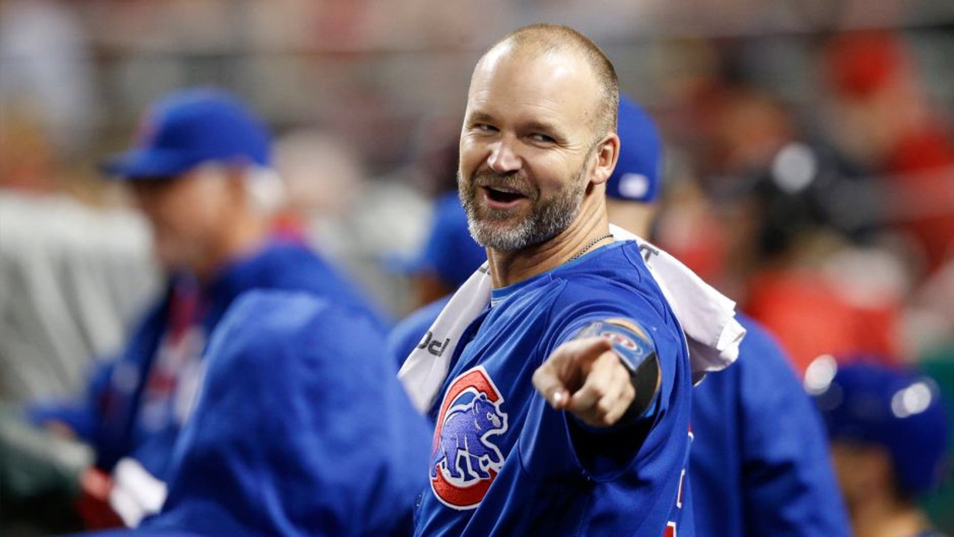 David Ross #3 of the Chicago Cubs looks on against the Cincinnati Reds during the game at Great American Ball Park on April 22, 2016 in Cincinnati, Ohio. The Cubs defeated the Reds 8-1. (Photo by Joe Robbins/Getty Images)