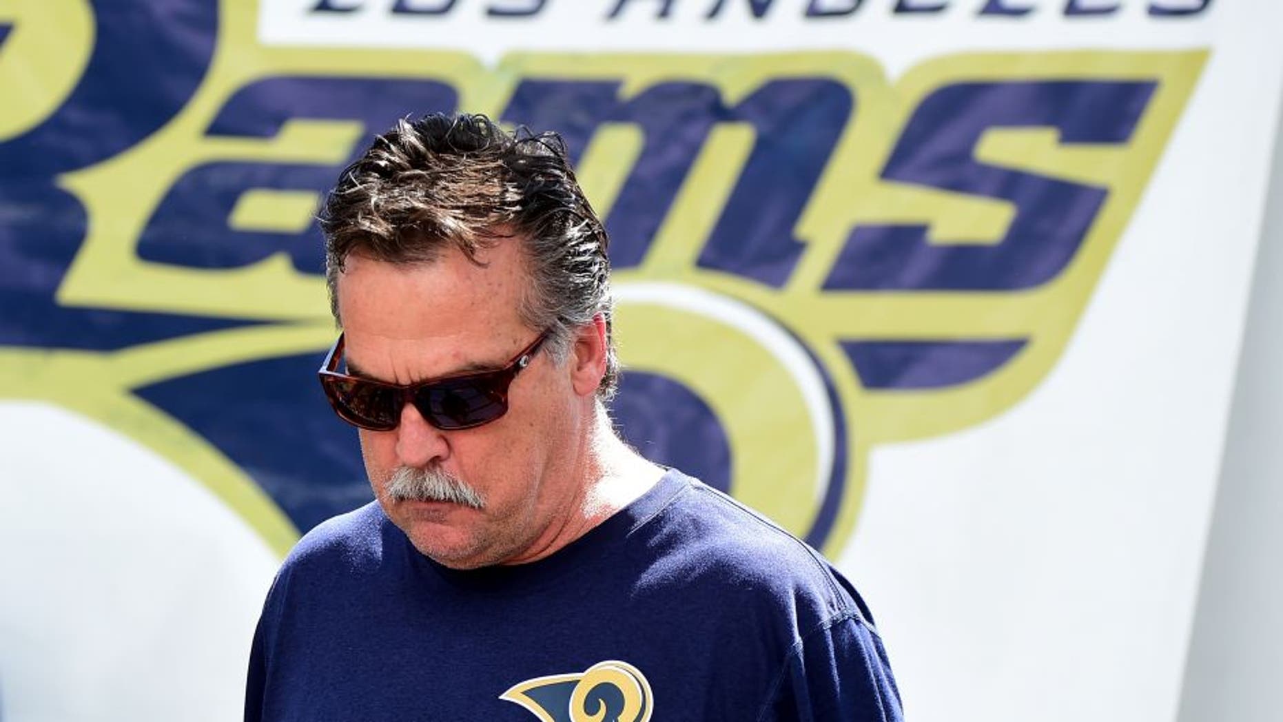 OXNARD, CA - MAY 06: Head coach Jeff Fisher of the Los Angeles Rams takes to the field during a Los Angeles Rams rookie camp on May 06, 2016 in Oxnard, California. (Photo by Harry How/Getty Images)