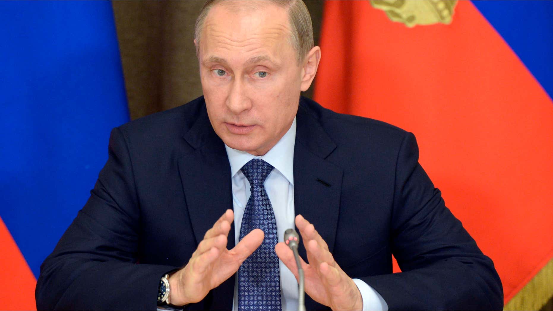 May 12, 2015: Russian President Vladimir Putin speaks at a meeting with representatives of top military brass and defense industries at the Bocharov Ruchei residence in the Black Sea resort of Sochi, Russia.