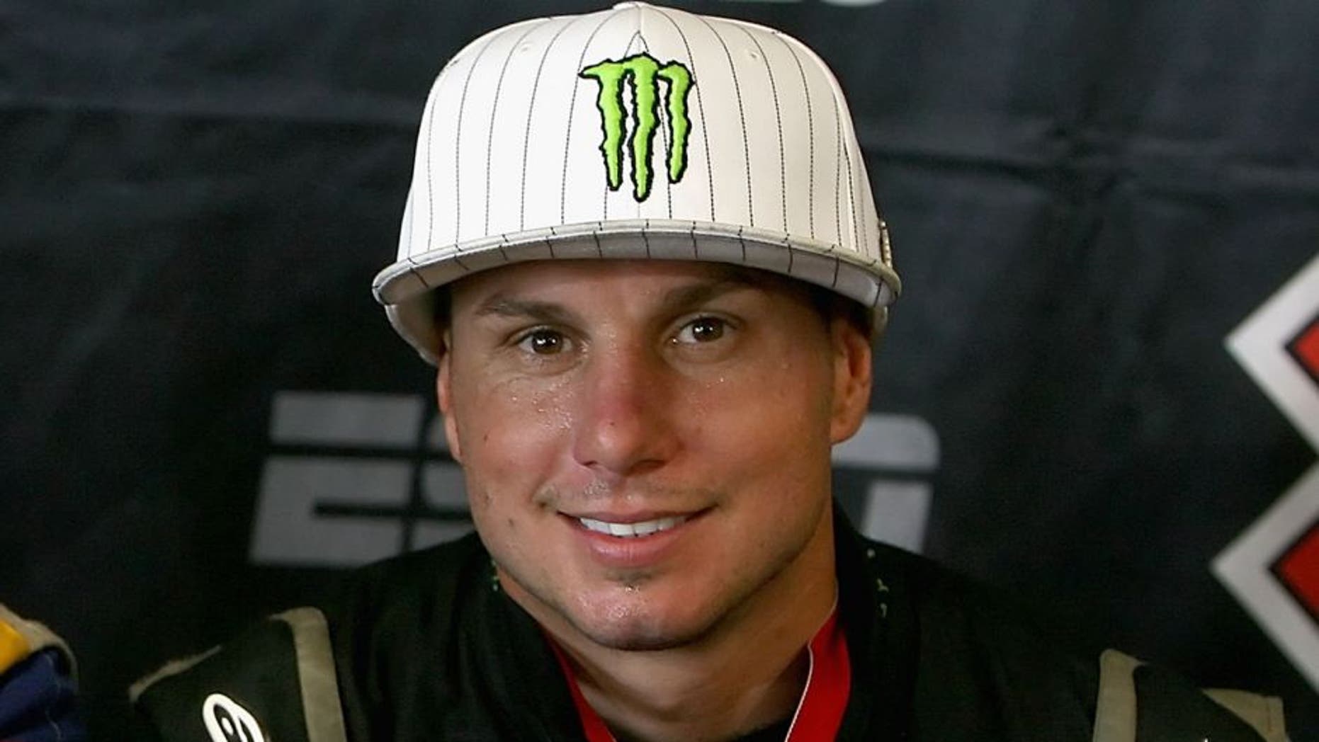 CARSON, CA - AUGUST 03: Gold medal winner Travis Pastrana and bronze medal winner Dave Mirra pose together after the Rally Car race during the summer X Games 14 at Home Depot Center on August 3, 2008 in Carson, California. (Photo by Christian Petersen/Getty Images)