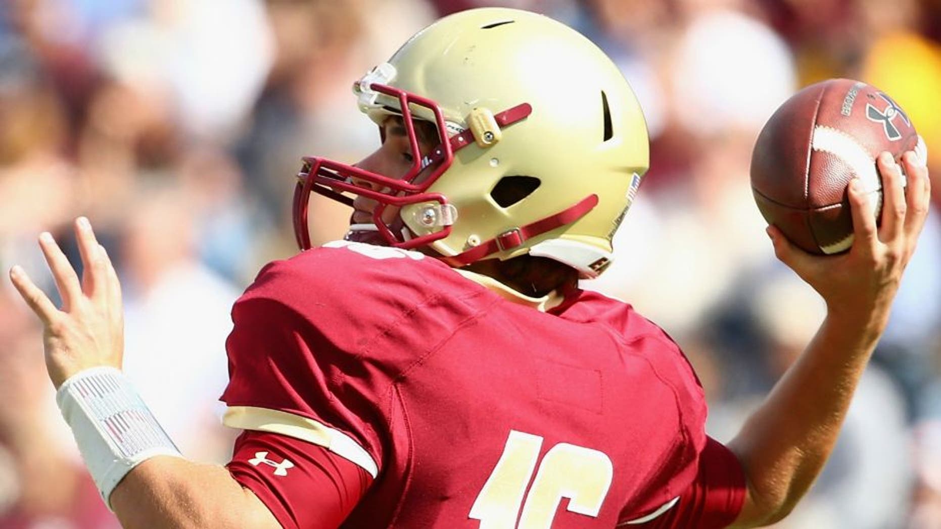 > at Alumni Stadium on September 26, 2015 in Chestnut Hill, Massachusetts.,CHESTNUT HILL, MA - SEPTEMBER 26: Troy Flutie #16 of the Boston College Eagles makes a pass during the first quarter against the Northern Illinois Huskies at Alumni Stadium on September 26, 2015 in Chestnut Hill, Massachusetts. (Photo by Maddie Meyer/Getty Images)