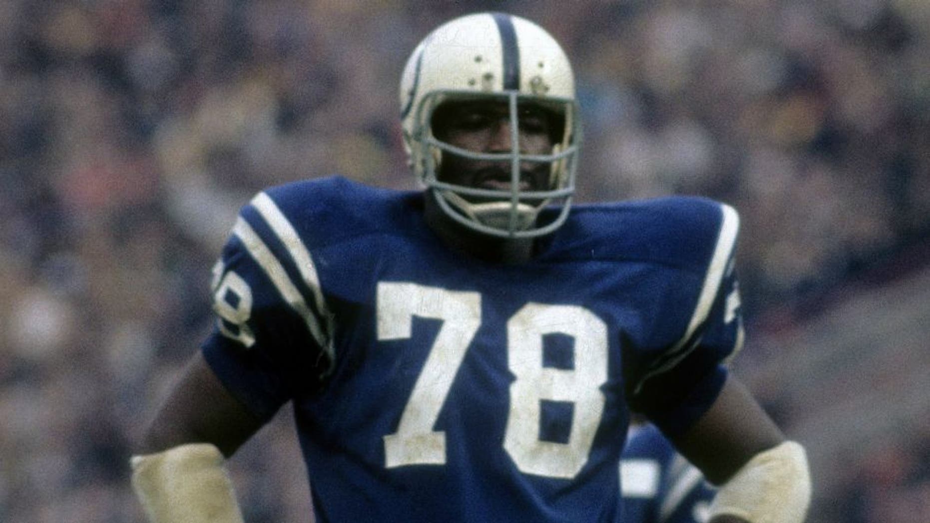 BALTIMORE, MA- CIRCA 1970: Defensive Tackle Bubba Smith #78 of the Baltimore Colts in this portrait on the field waiting for the offense to come to the line of scrimage circa early 1970's during an NFL football game at Memorial Stadium in Baltimore, Maryland. Smith played for the Colts from 1967-71. (Photo by Focus on Sport/Getty Images)
