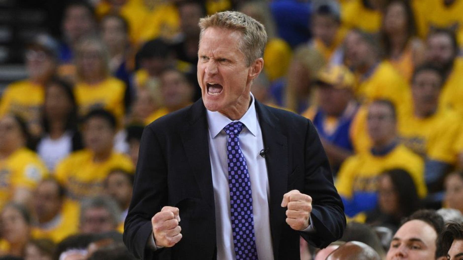 May 11, 2016; Oakland, CA, USA; Golden State Warriors head coach Steve Kerr reacts against the Portland Trail Blazers during the second quarter in game five of the second round of the NBA Playoffs at Oracle Arena. Mandatory Credit: Kyle Terada-USA TODAY Sports