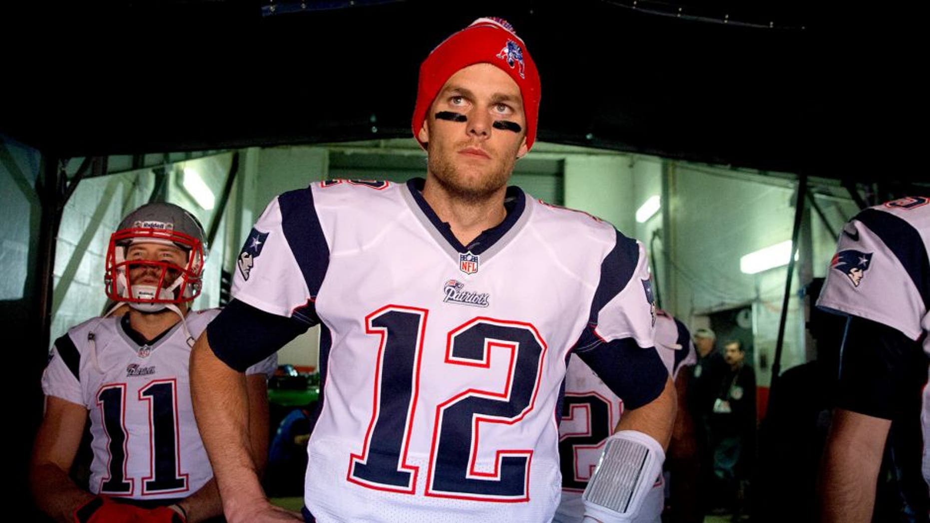 January 19, 2014; Denver, CO, USA; New England Patriots quarterback Tom Brady (12) prior to the game against the Denver Broncos in the second half of the 2013 AFC Championship football game at Sports Authority Field at Mile High. Mandatory Credit: Mark J. Rebilas-USA TODAY Sports