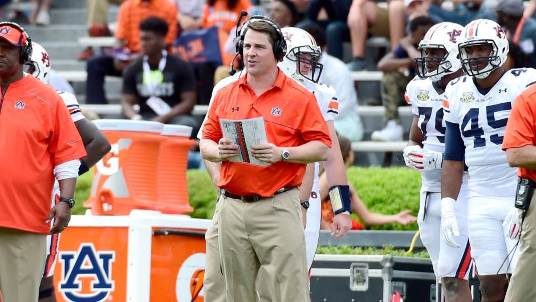 Apr 18, 2015; Auburn, AL, USA; Auburn Tigers defensive coordinator Will Muschamp looks on during the spring game at Jordan-Hare Stadium. Mandatory Credit: Shanna Lockwood-USA TODAY Sports