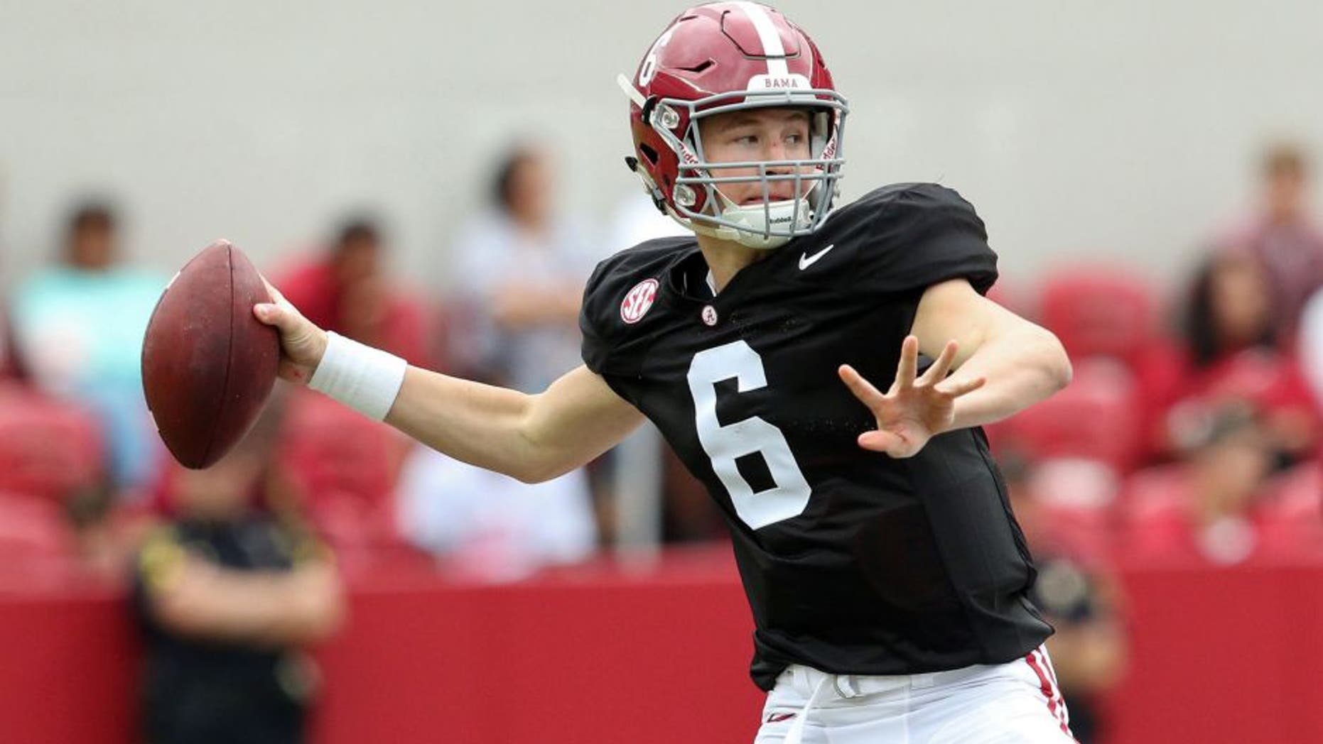 Apr 18, 2015; Tuscaloosa, AL, USA; Alabama Crimson Tide quarterback Blake Barnett (6) drops back to pass during the annual A-day game at Bryant Denny Stadium. Mandatory Credit: Marvin Gentry-USA TODAY Sports
