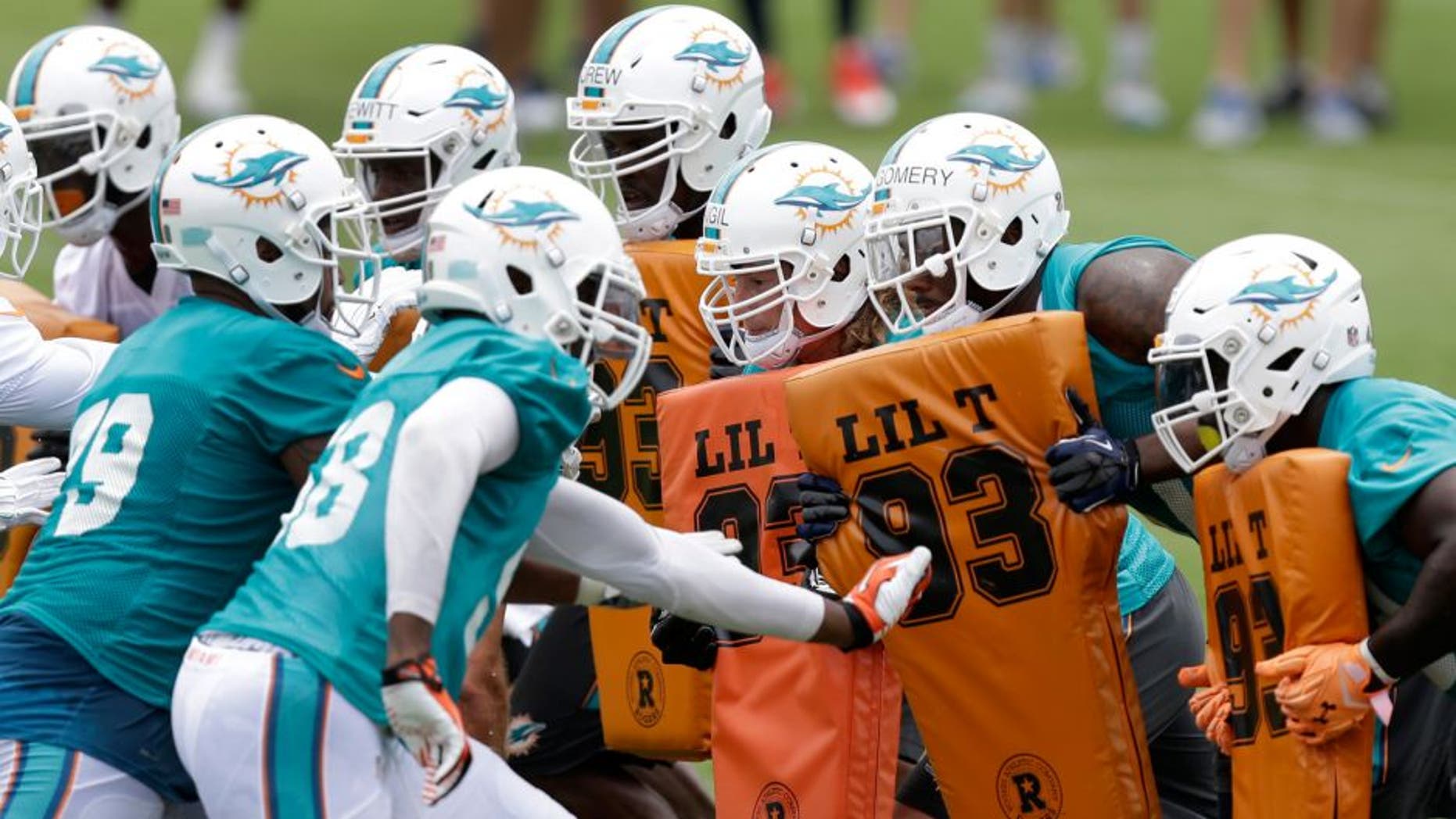 Miami Dolphins players participate in an NFL football organized team activity, Tuesday, May 26, 2015, at the Dolphins training facility in Davie, Fla. (AP Photo/Wilfredo Lee)