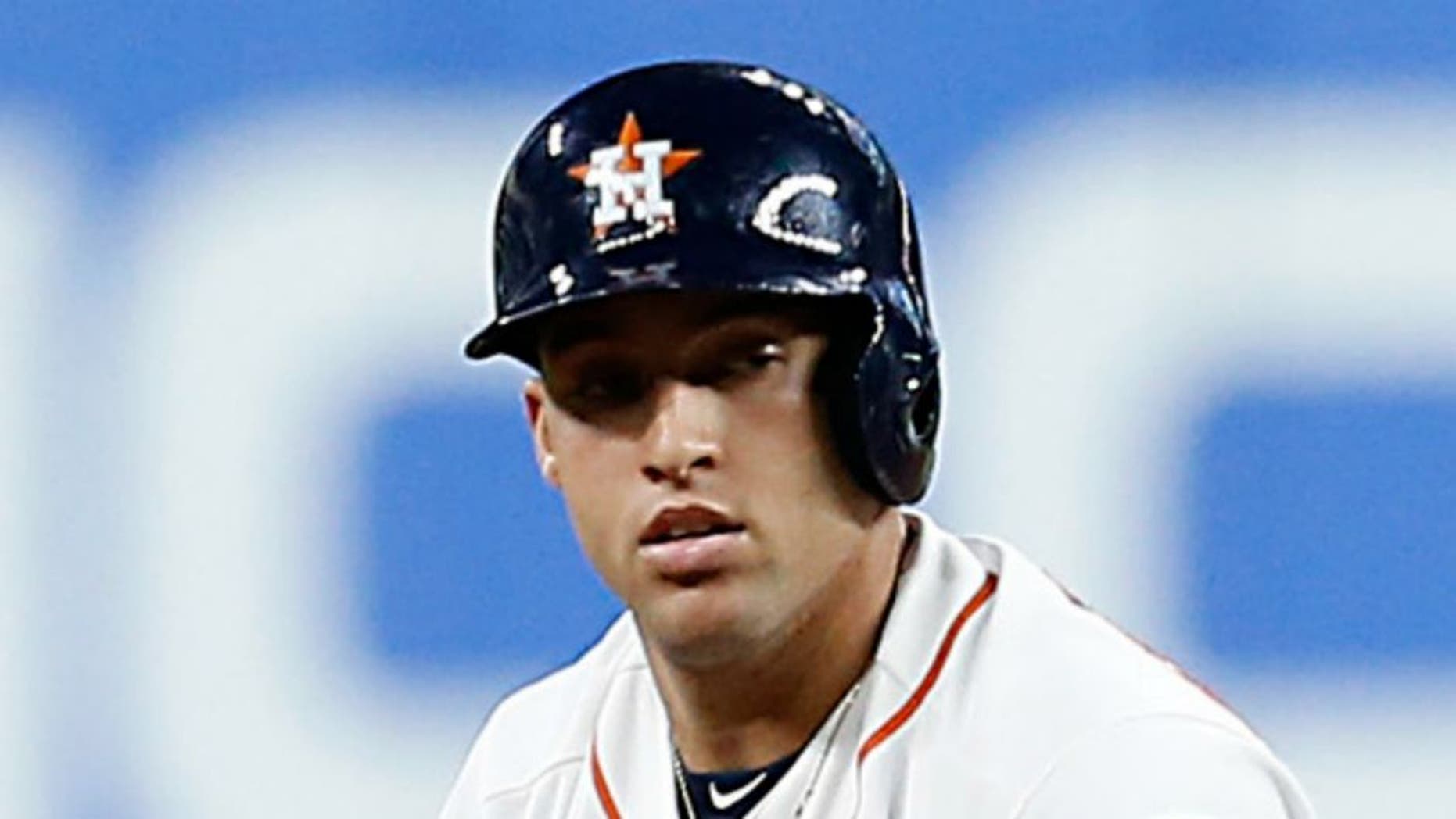 May 24, 2016; Houston, TX, USA; Houston Astros right fielder George Springer (4) calls for time after hitting a double against the Baltimore Orioles in the eighth inning at Minute Maid Park. Mandatory Credit: Thomas B. Shea-USA TODAY Sports