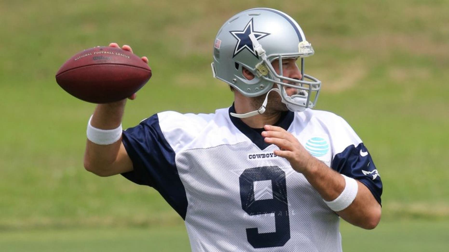 May 25, 2016; Irving, TX, USA; Dallas Cowboys quarterback Tony Romo (9) throws during organized team activities at Dallas Cowboys Headquarters. Mandatory Credit: Matthew Emmons-USA TODAY Sports