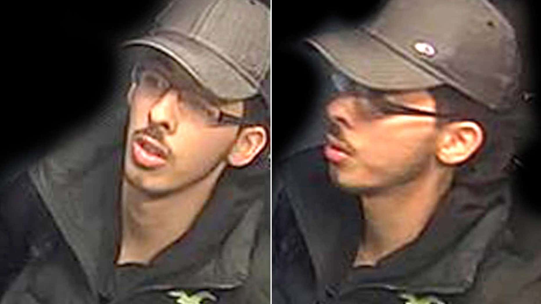 This is a handout photo taken from CCTV and issued on Saturday, May 27, 2017 by Greater Manchester Police who have altered the surrounding area of Salman Abedi, in an unknown location on the night of the attack on Manchester Arena.